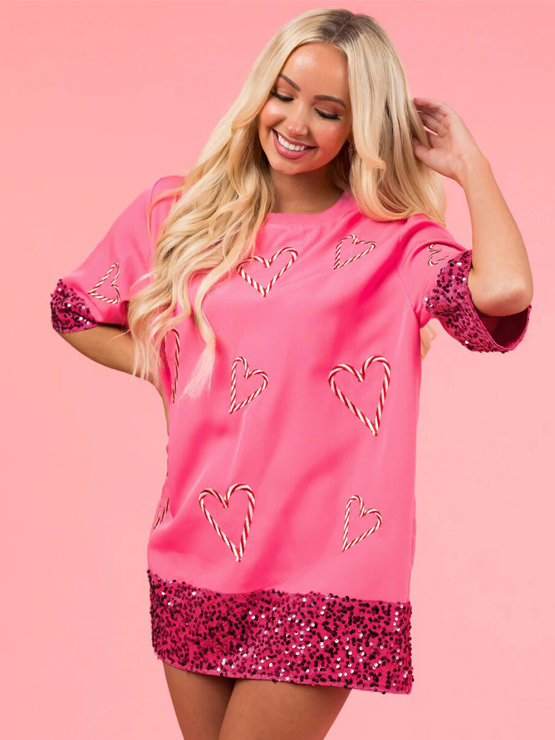 

Stylecast X KPOP Floral Printed Round Neck A Line Mini Dress, Pink