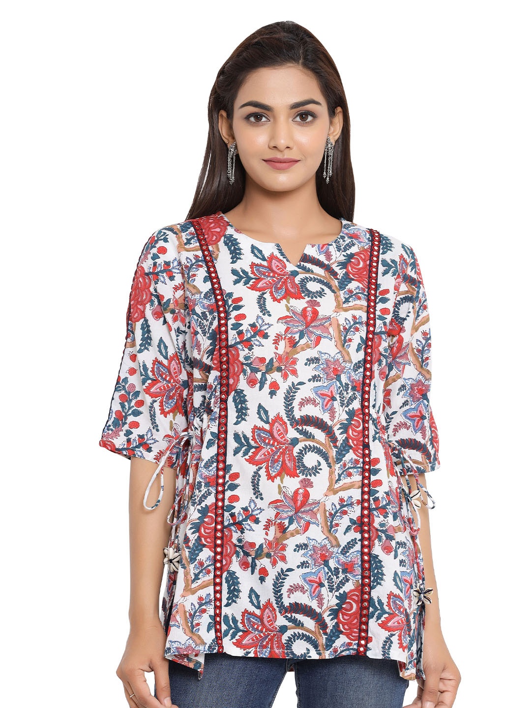 

KALINI Floral Print Cotton Notched Neck Short Sleeves Opaque Casual Top, Blue
