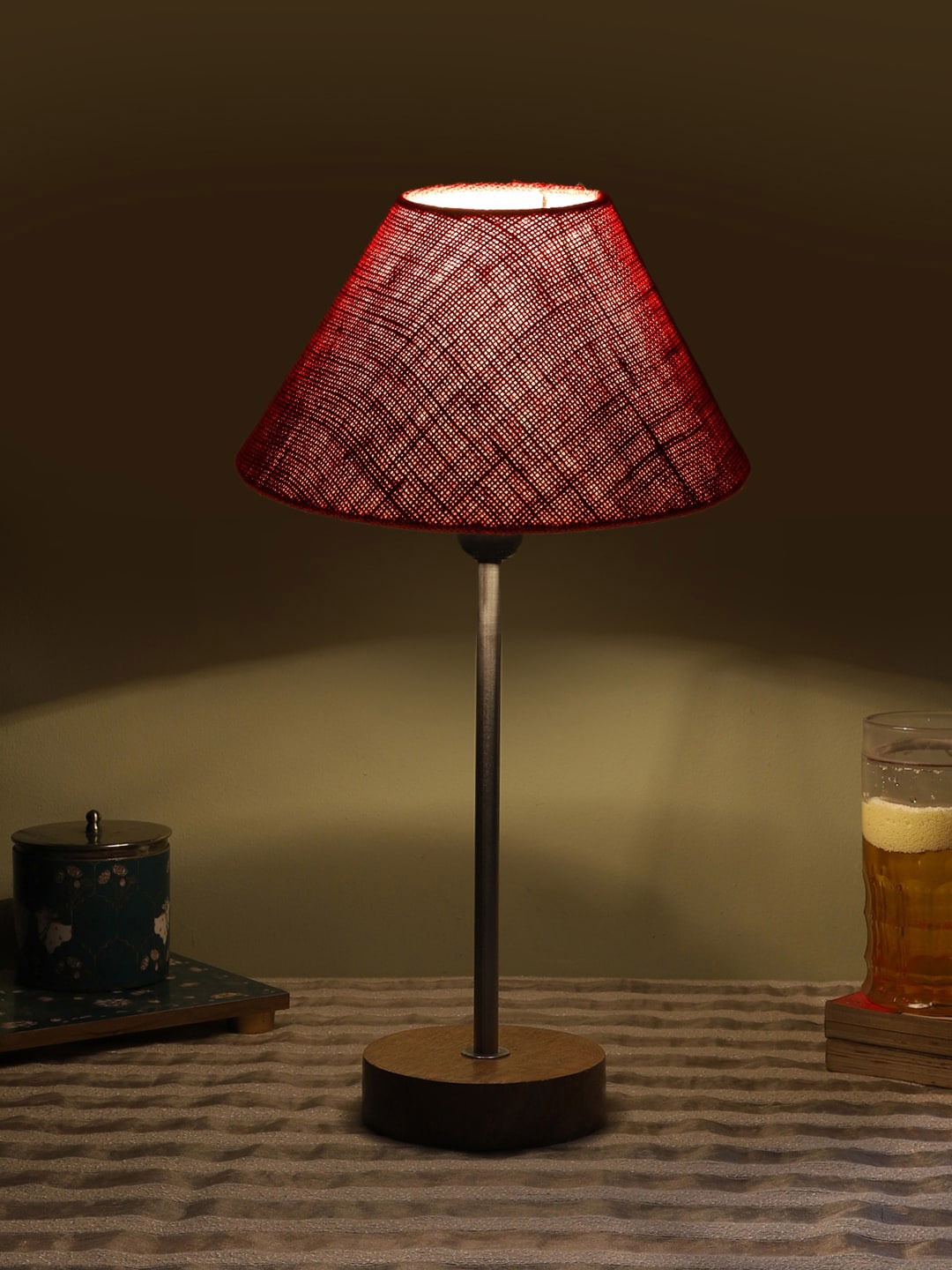 

Devansh Maroon & Brown Textured Frustum Wooden Contemporary Table Lamp