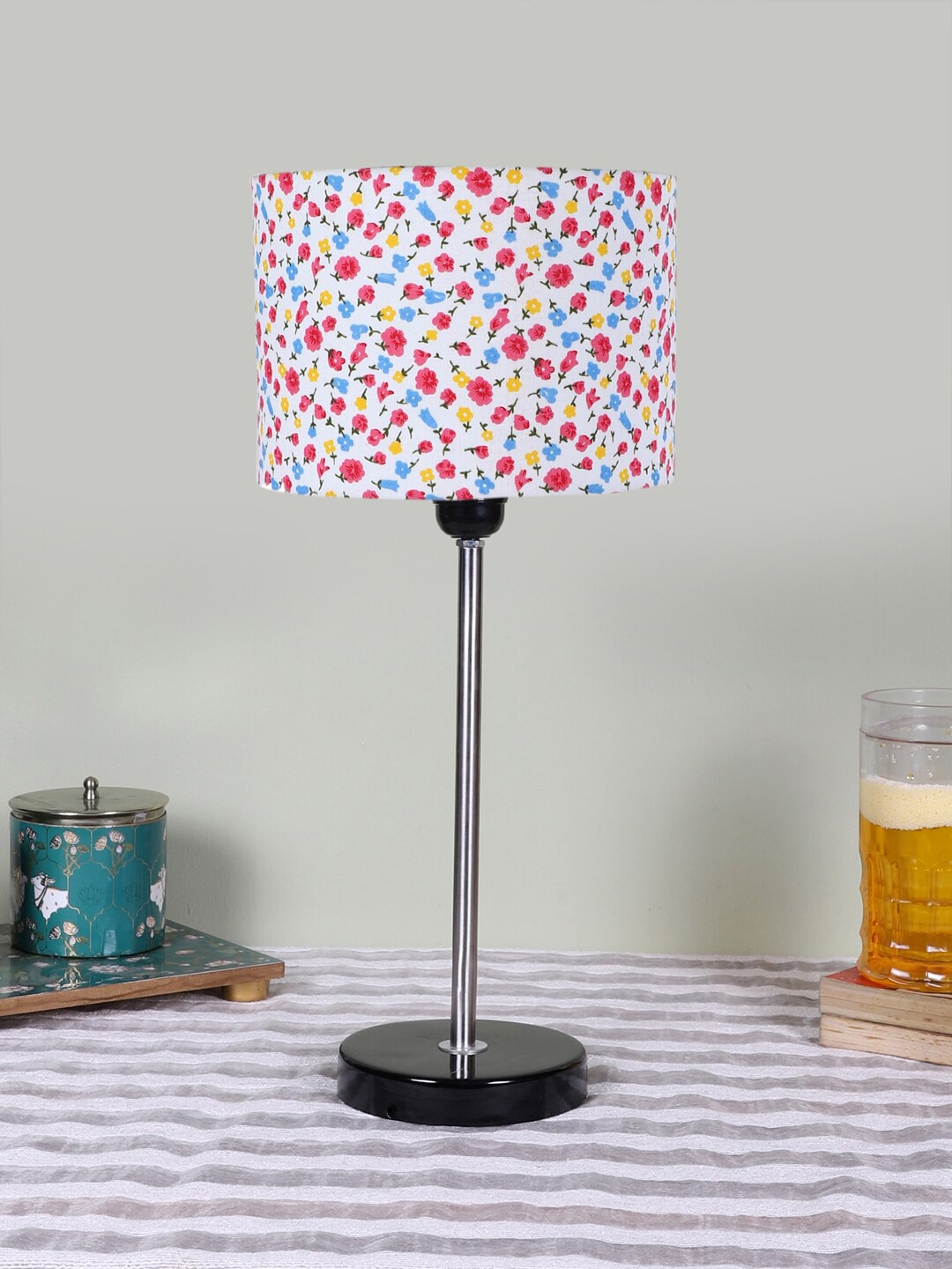 Devansh White & Pink Textured Cylinder Wooden Contemporary Table Lamp