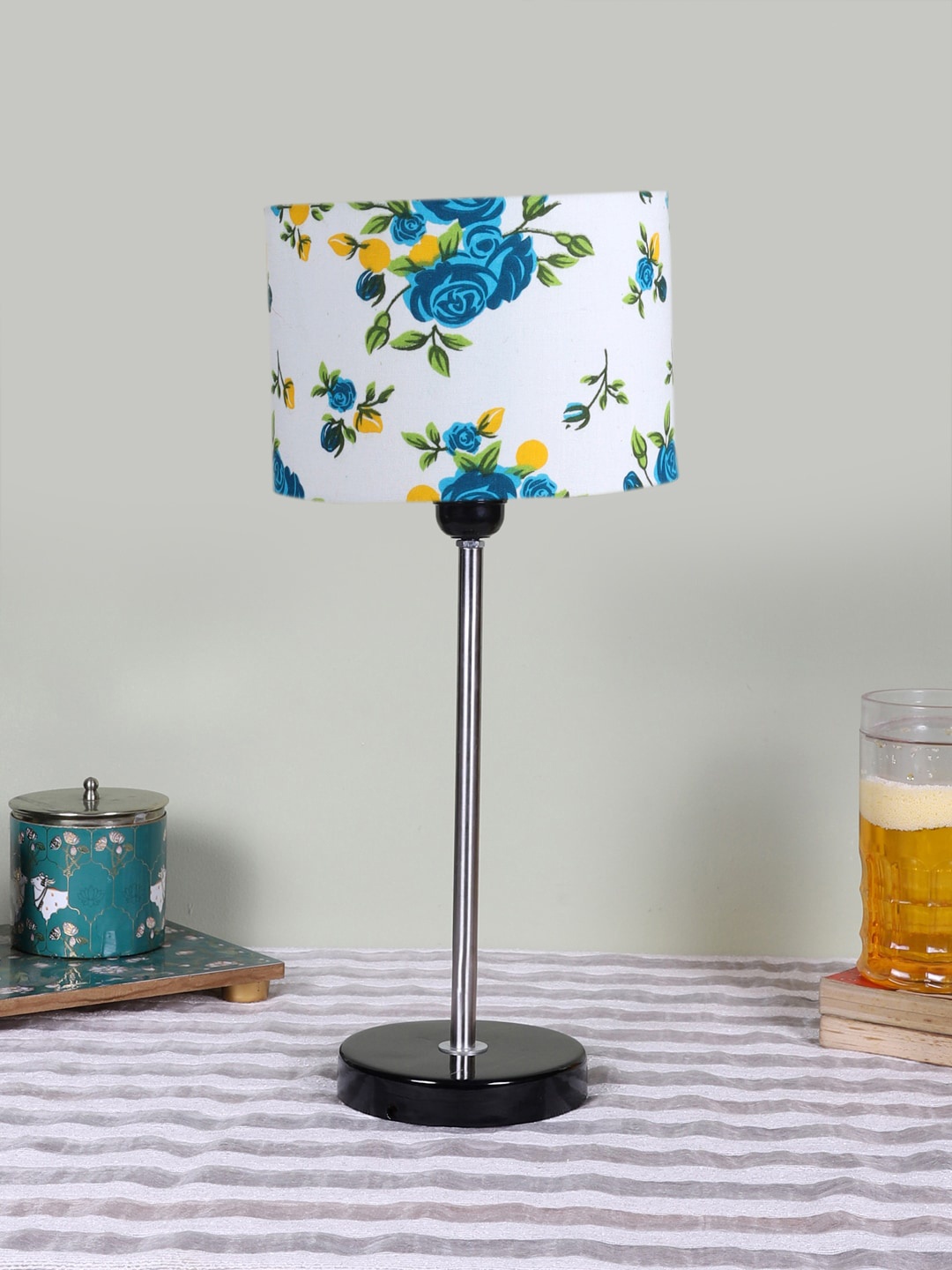 Devansh White & Blue Printed Frustum Wooden Contemporary Table Lamp