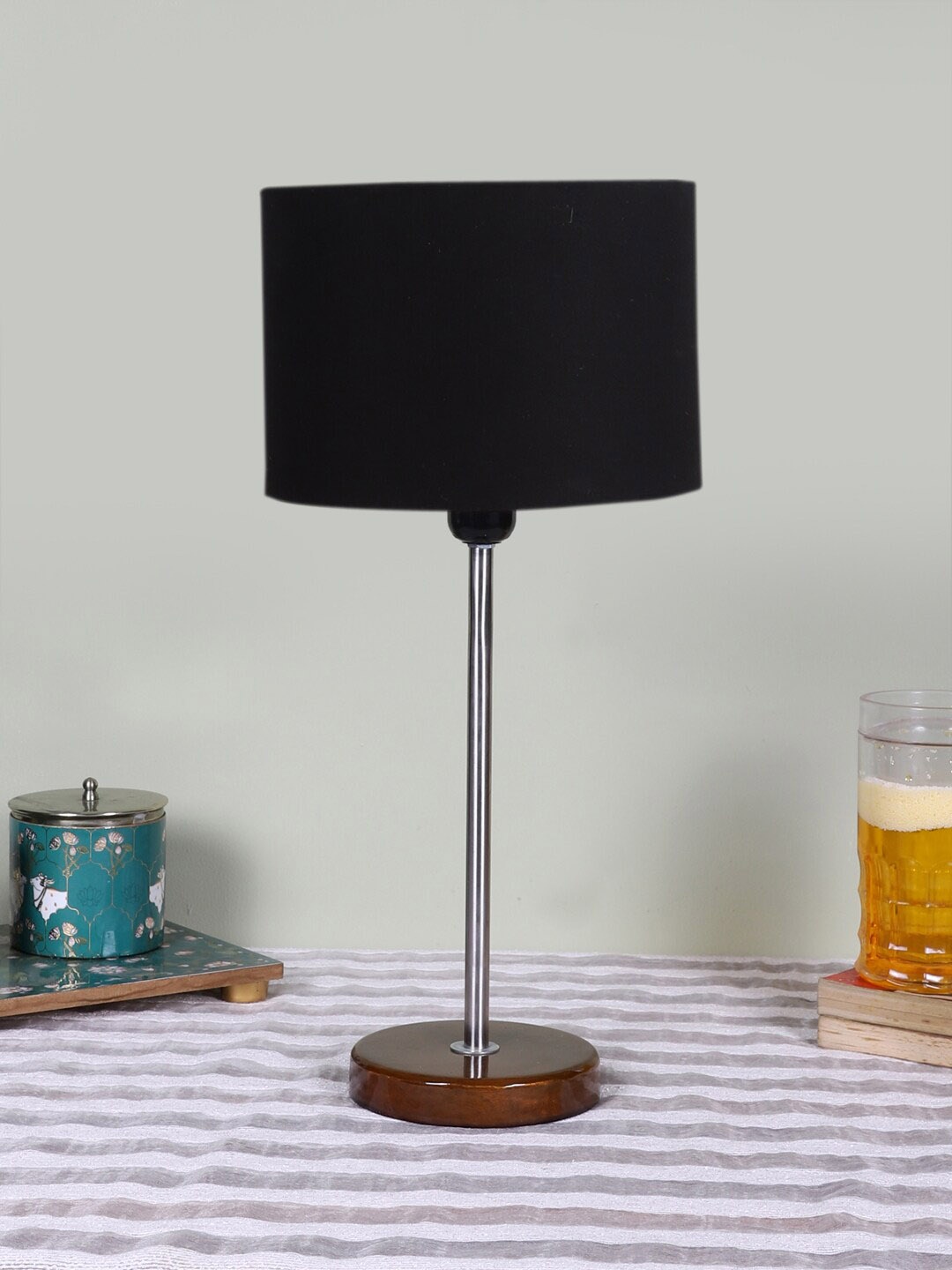 

Devansh Black Textured Cylinder Wooden Contemporary Table Lamp
