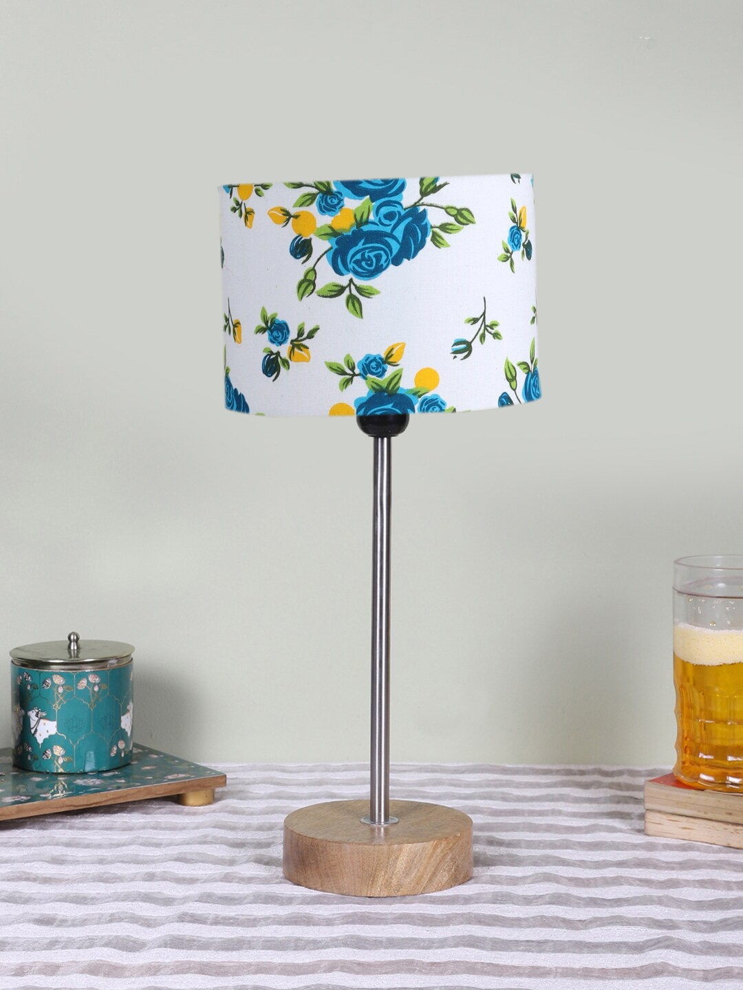 

Devansh White Printed Wooden Contemporary Cylindrical Shaped Table Lamp