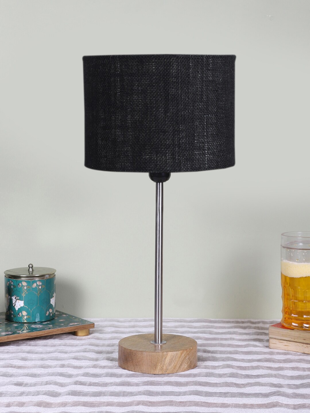 

Devansh Black Textured Cylinder Shaped Wooden Contemporary Table Lamp