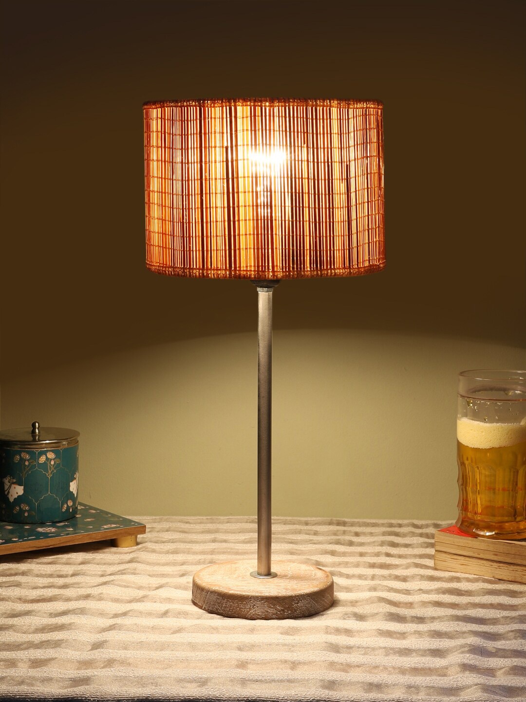 

Devansh Beige & Brown Textured Cylinder Wooden Contemporary Table Lamp