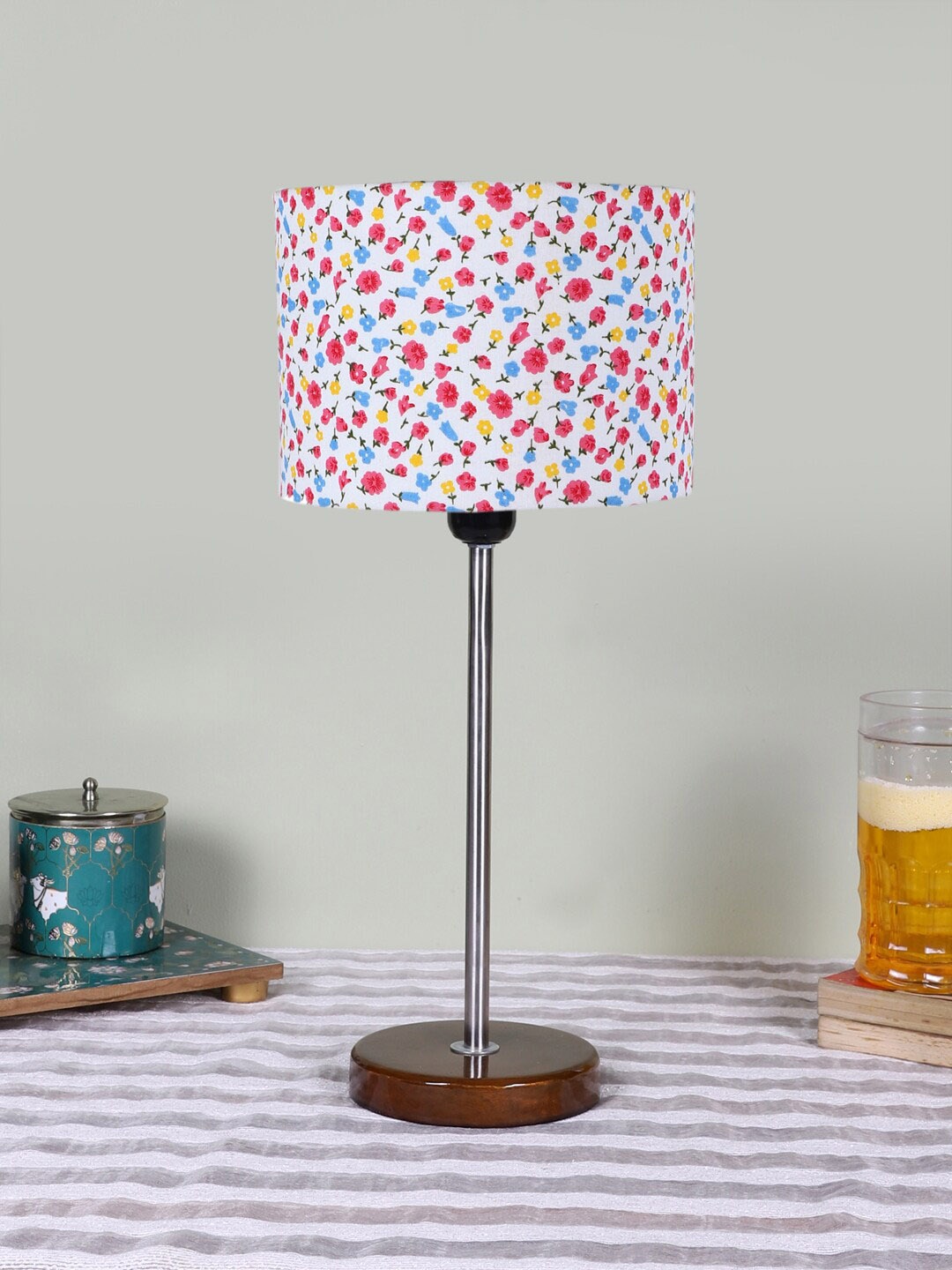Devansh White & Pink Printed Cylinder Wooden Contemporary Table Lamp