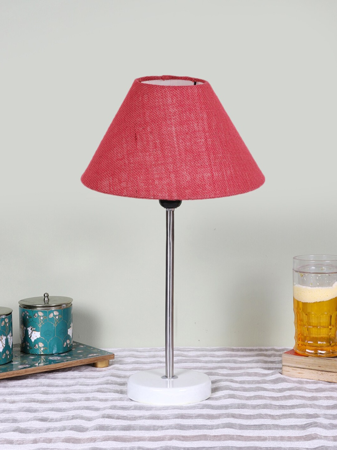 

Devansh Pink& White Textured Jute Shade Frustum Shape Table Lamp