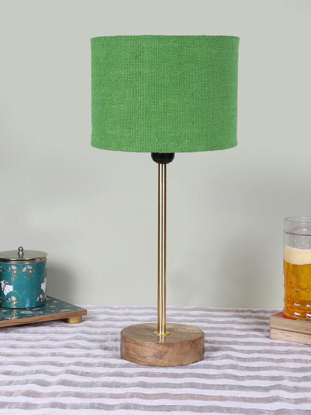 

Devansh Green & Brown Cylinderical Wooden Table Lamps