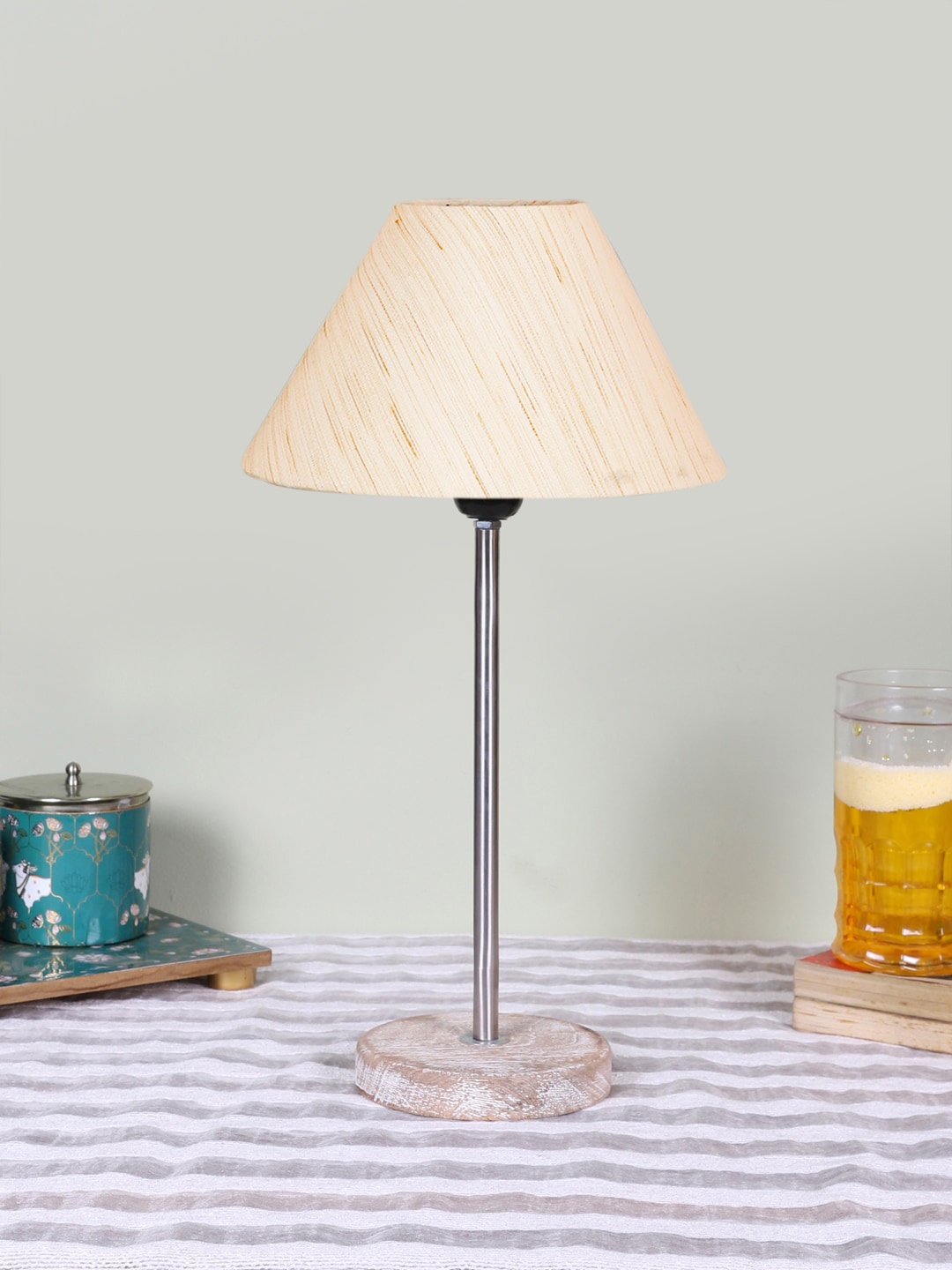 

Devansh Off White Wooden & Cotton Frustum Contemporary Table Lamp
