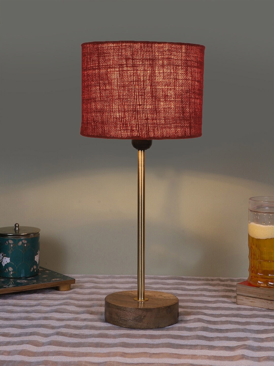 

Devansh Maroon Wooden & Cotton Cylinder Contemporary Table Lamp