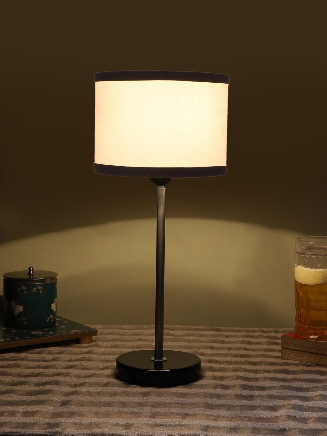 Devansh White Wooden & Cotton Cylinder Contemporary Table Lamp