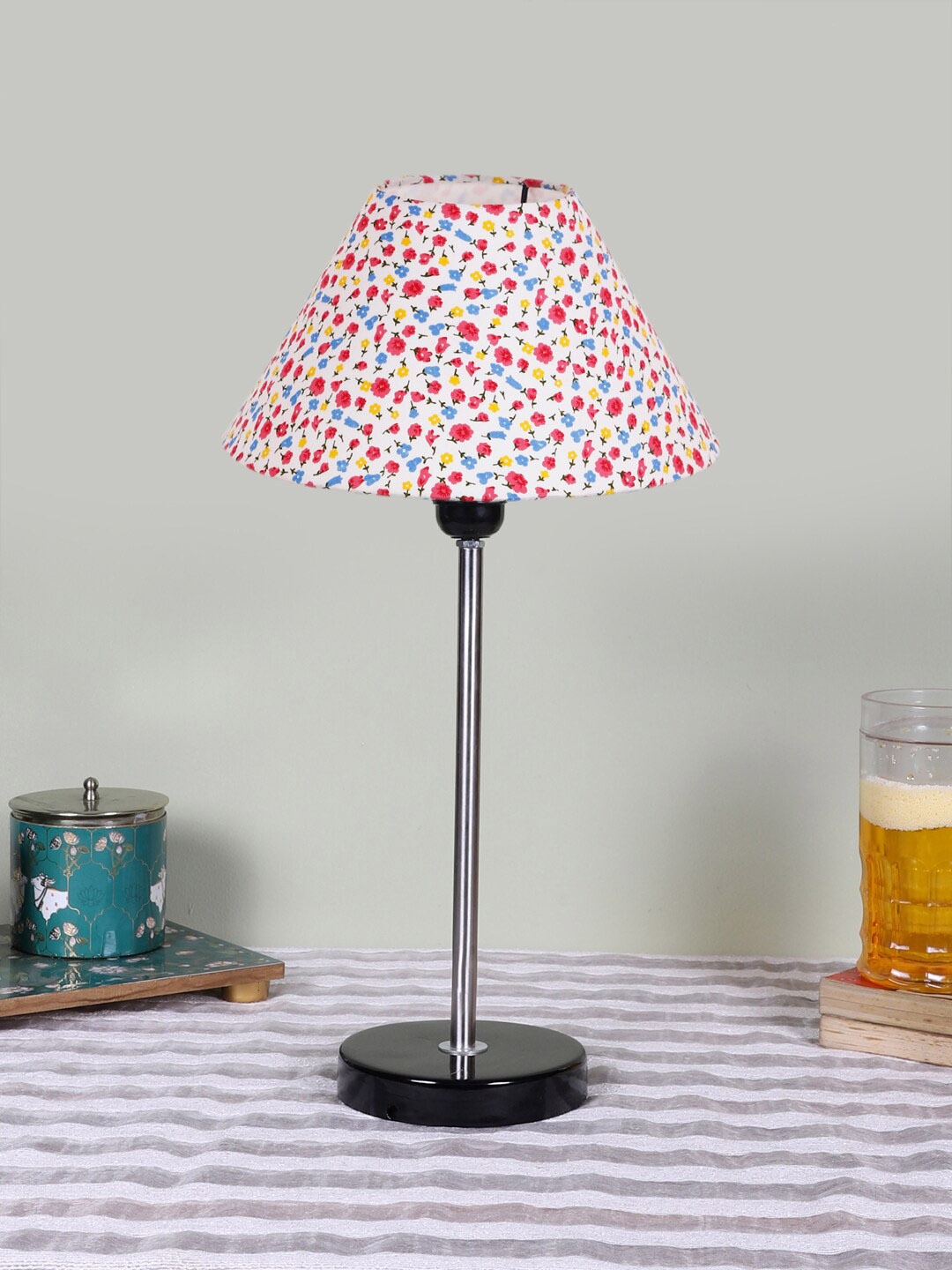 Devansh White Printed Wooden & Cotton Frustum Contemporary Table Lamp