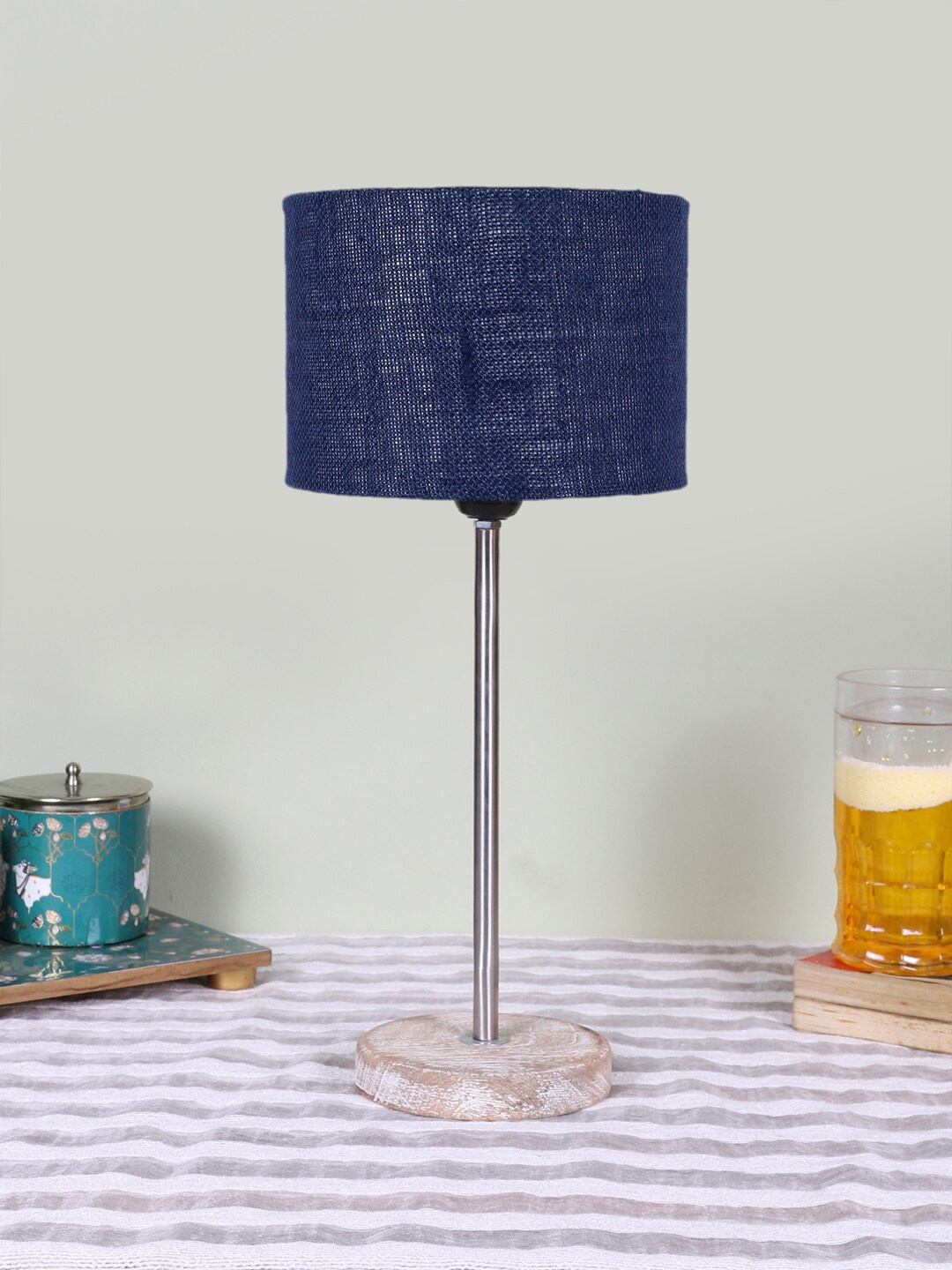 

Devansh Blue Wooden & Cotton Cylinder Contemporary Table Lamp