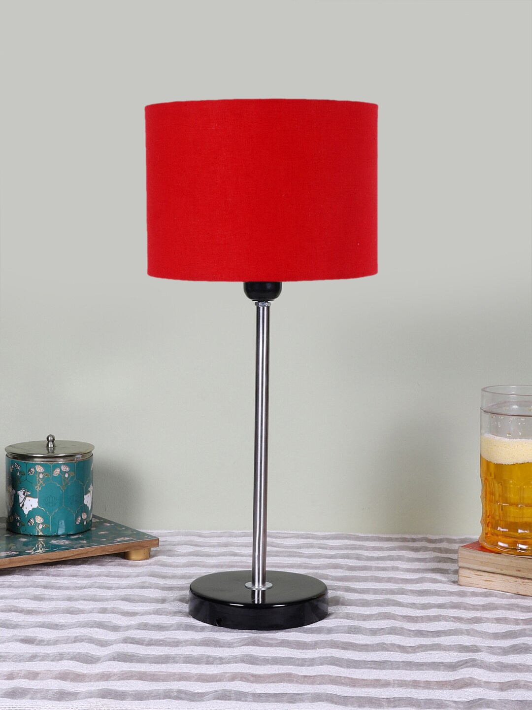

Devansh Red Wood & Cotton Cylinder Contemporary Table Lamp