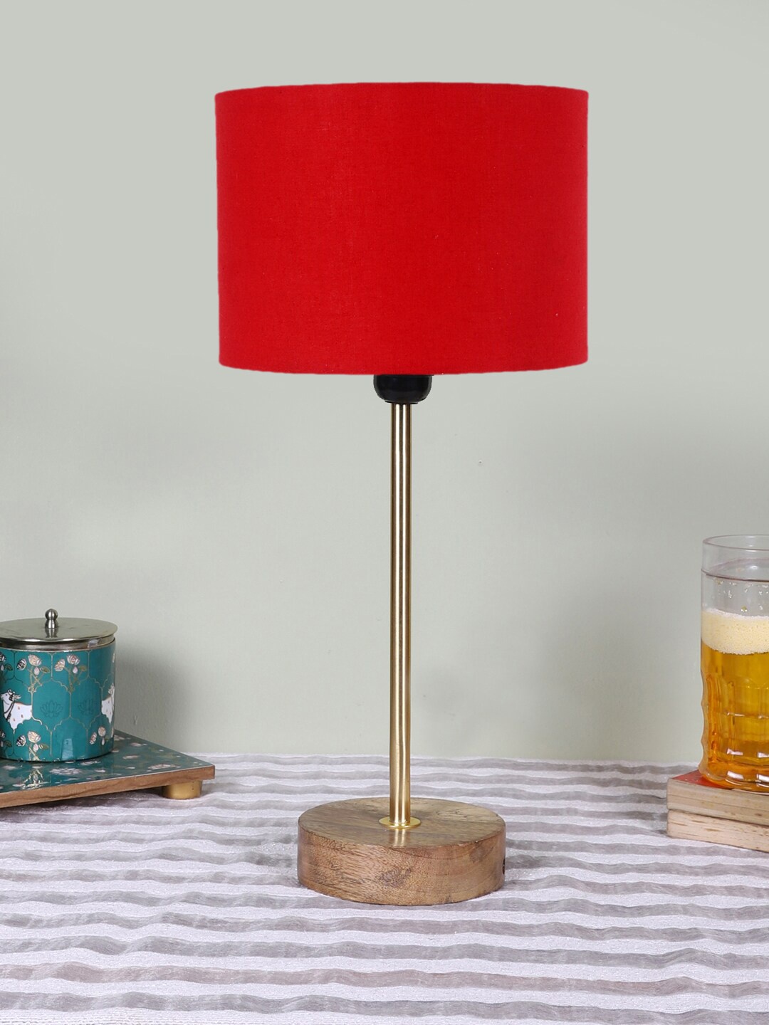 

Devansh Red Wood & Cotton Cylinder Contemporary Table Lamp