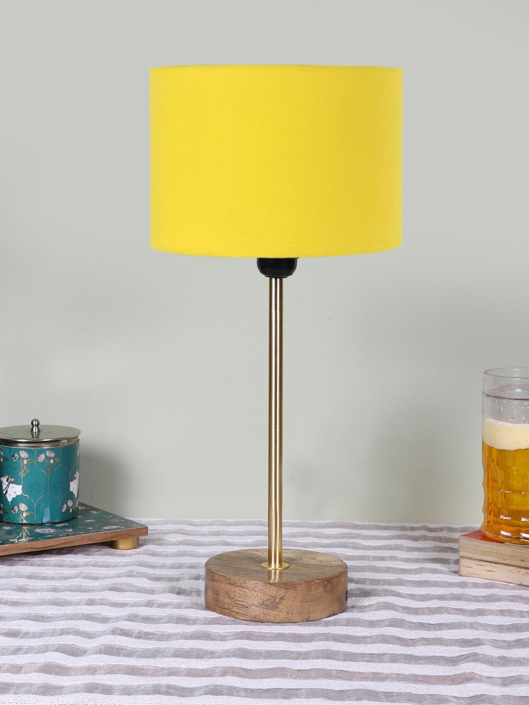 

Devansh Yellow Wood & Cotton Cylinder Contemporary Table Lamp