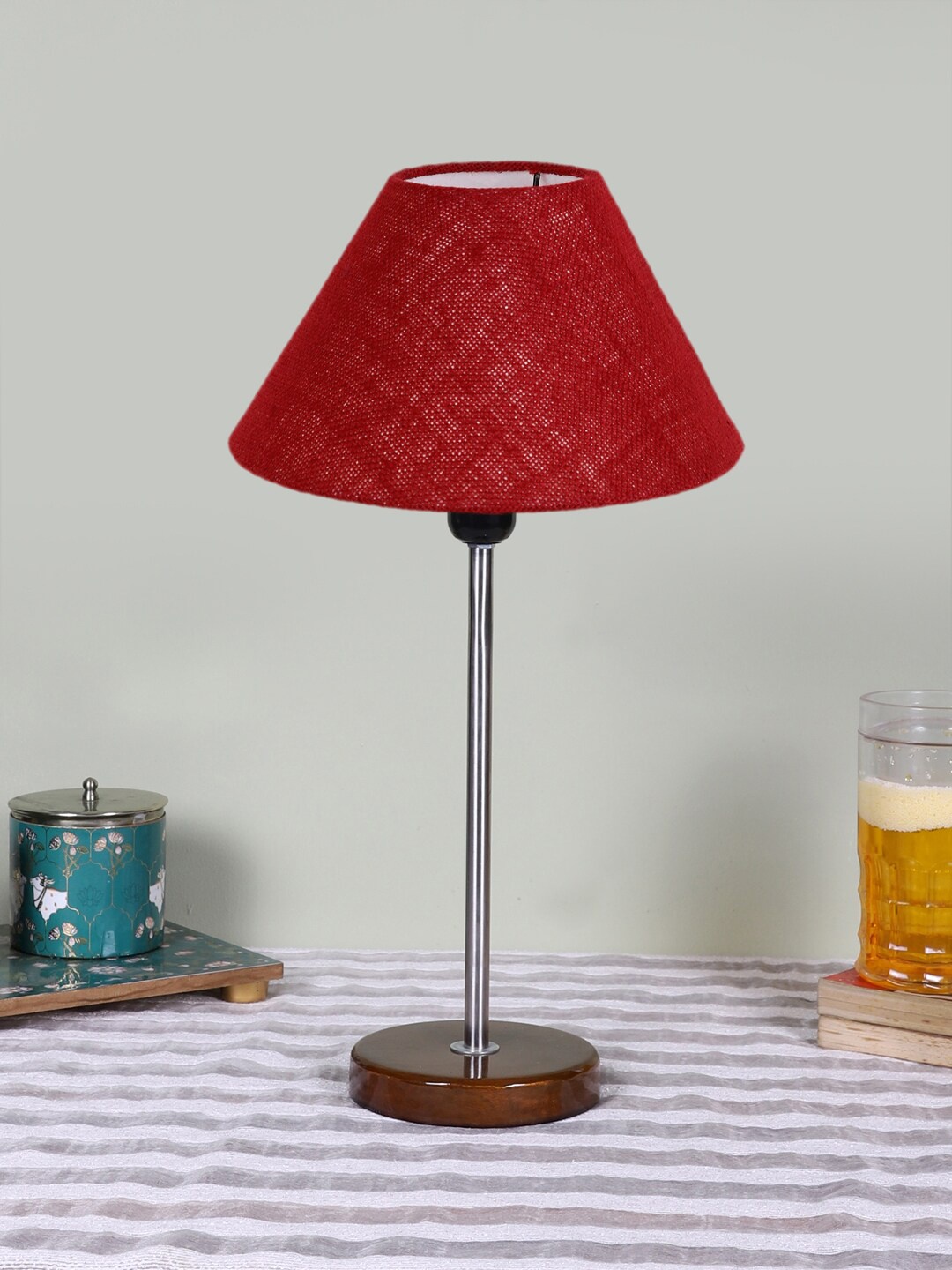

Devansh Marron Wood & Cotton Frustum Contemporary Table Lamp, Maroon