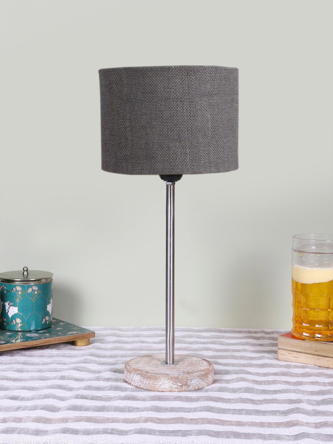 

Devansh Grey Wood & Cotton Cylinder Contemporary Table Lamp