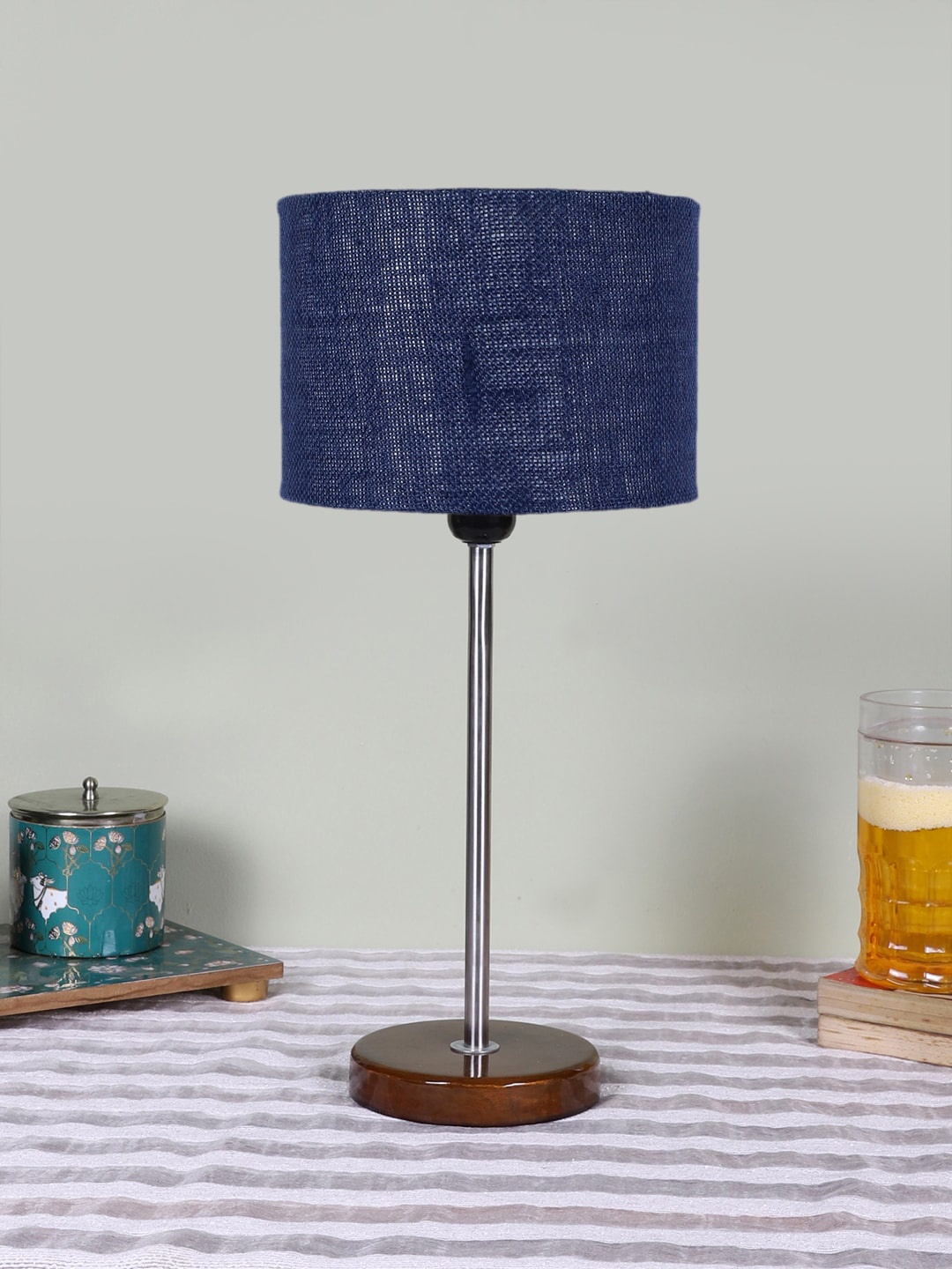 

Devansh Blue Wood & Cotton Cylinder Contemporary Table Lamp