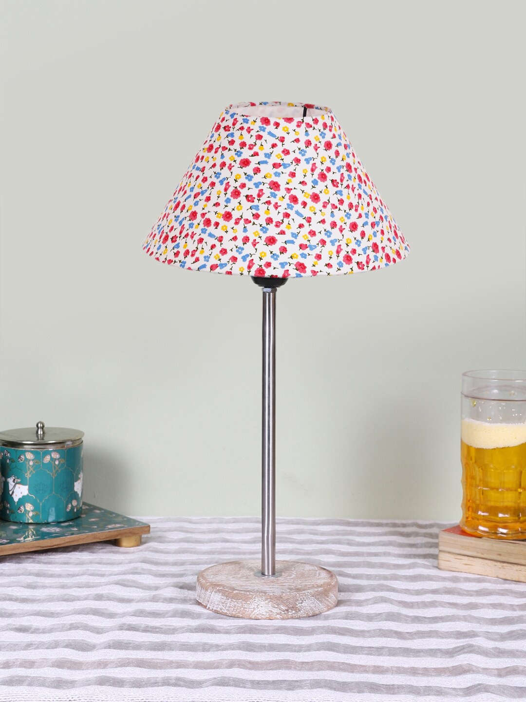 Devansh White Printed Wood & Cotton Frustum Contemporary Table Lamp
