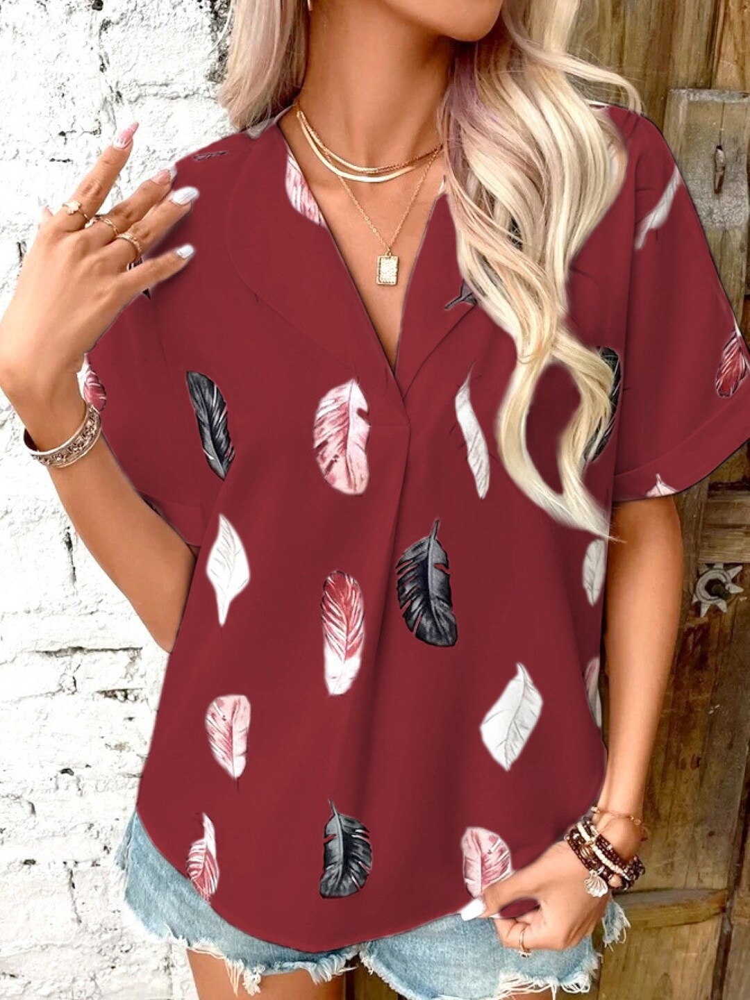 

Stylecast X KPOP Printed Shirt Collar Short Sleeves Top, Red