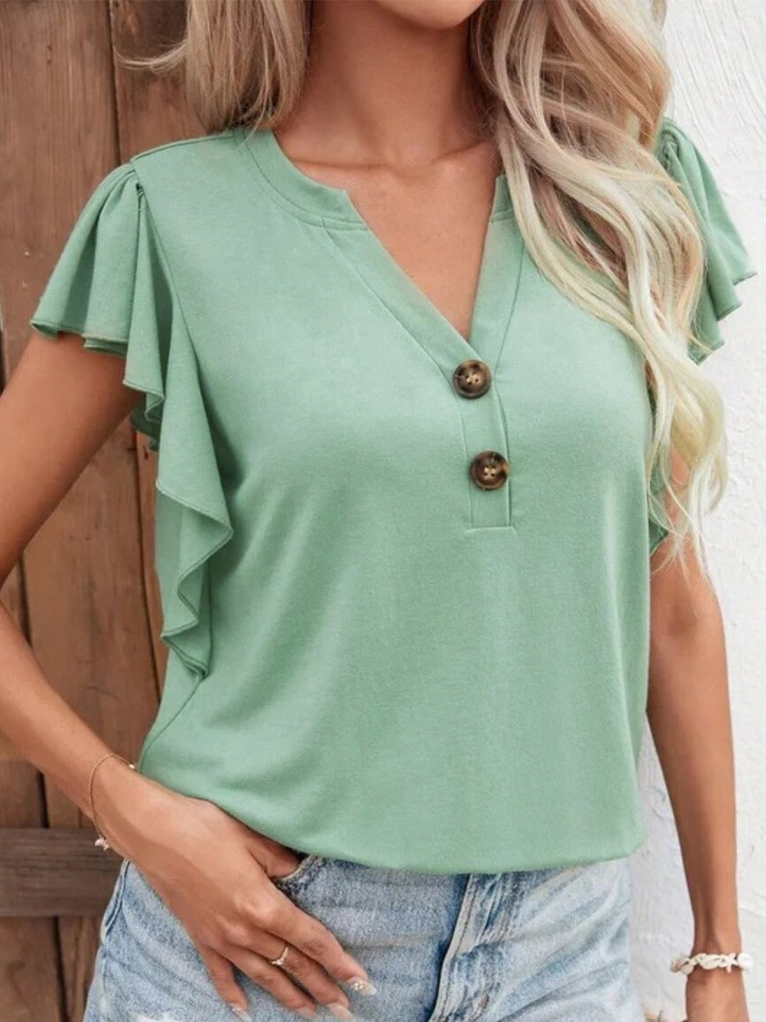 

Stylecast X KPOP Mandarin Collar Short Sleeves Top, Green