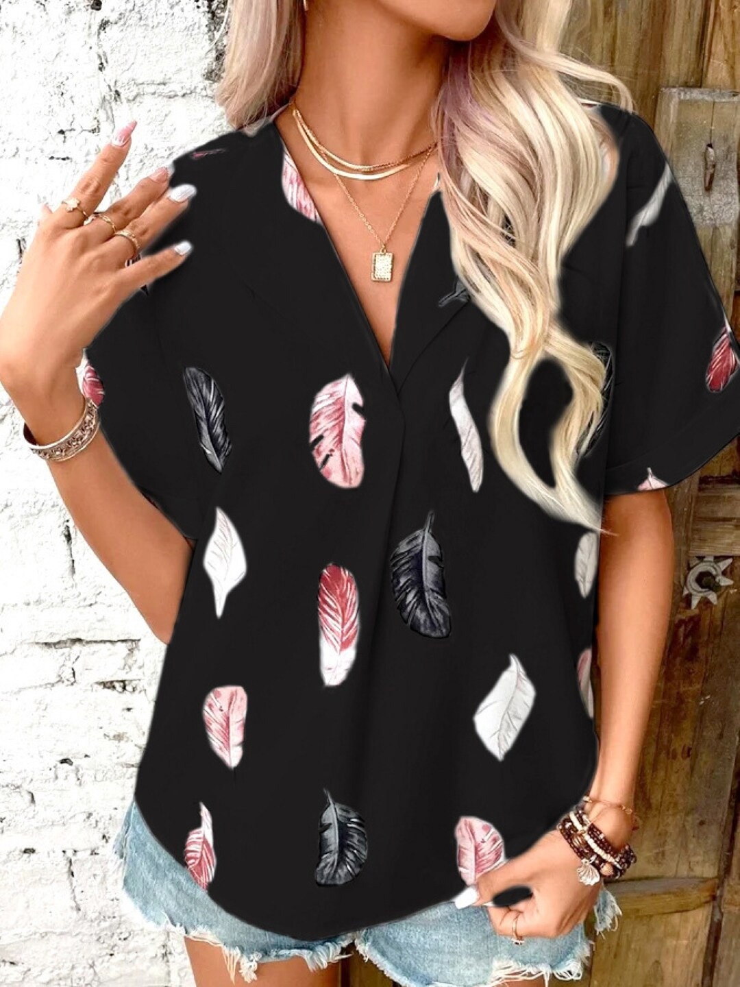 

Stylecast X KPOP Printed Shirt Collar Short Sleeves Top, Black