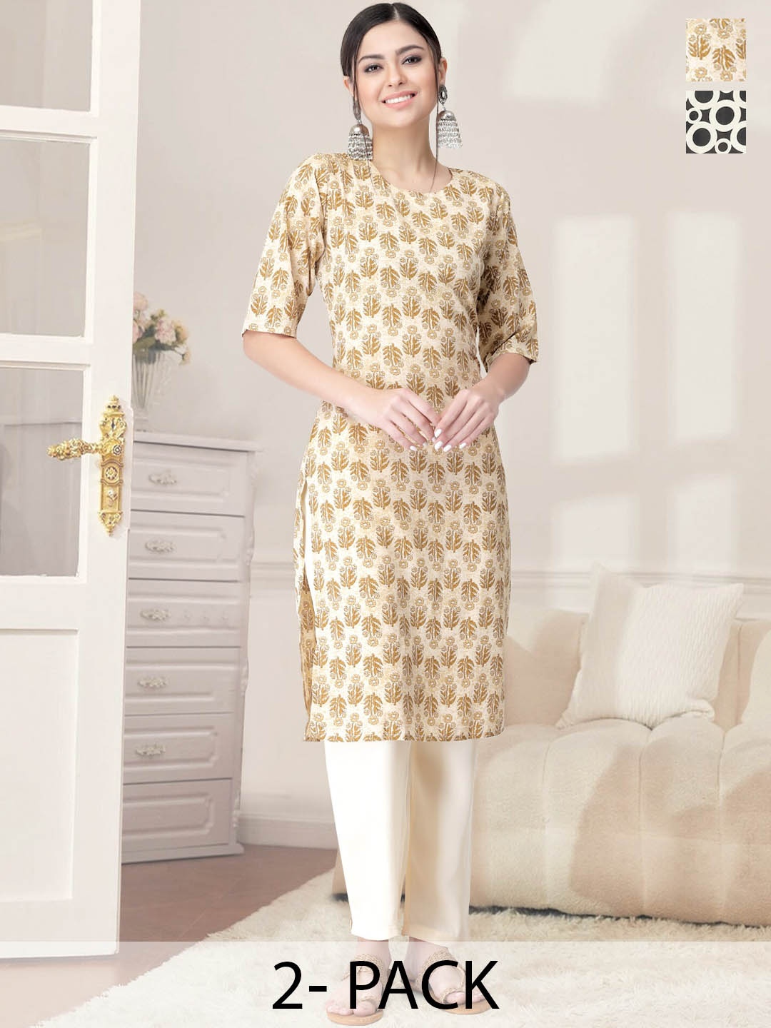 

7Threads Selection Of 2 Floral Printed Straight Kurta With Trousers, Black