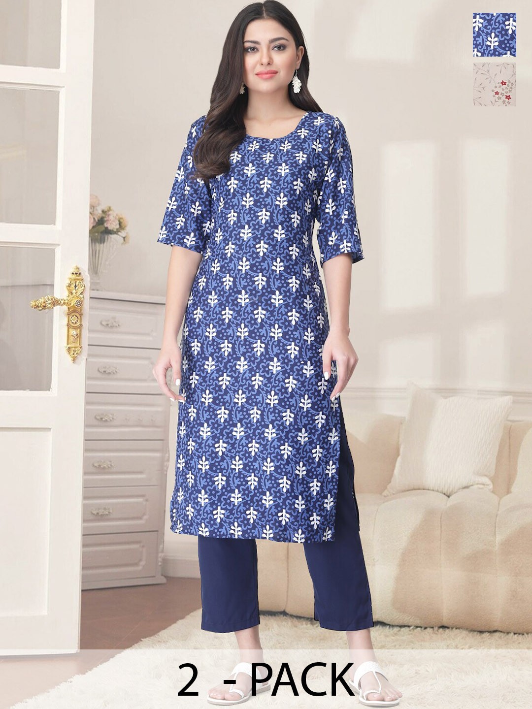 

7Threads Pack Of 2 Floral Printed Regular Kurta With Trousers, Blue