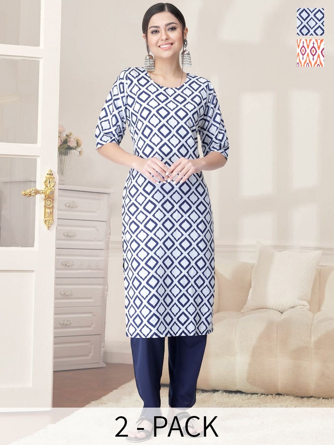 

7Threads Pack of 2 Ethnic Motifs Printed Kurta with Trousers, Blue