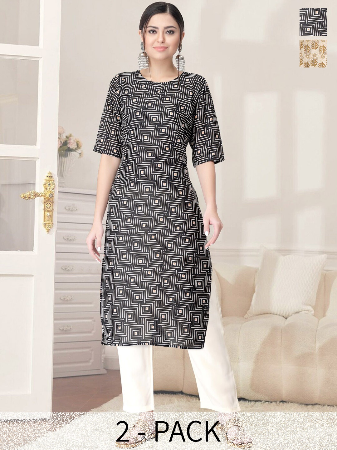

7Threads Pack Of 2 Printed Regular Kurta With Trousers, Black
