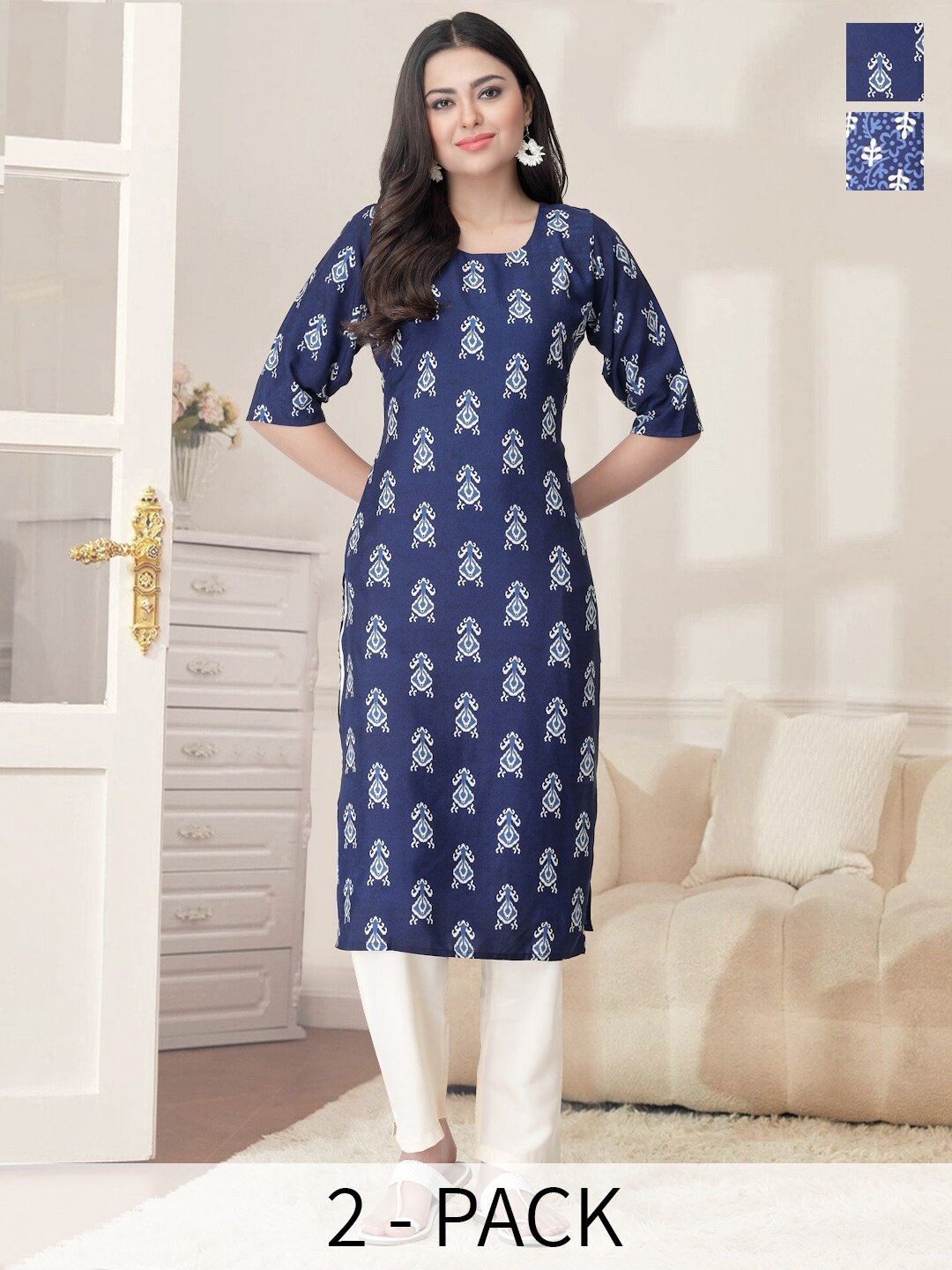 

7Threads Selection Of 2 Ethnic Motifs Printed Straight Kurta with Trouser, Navy blue
