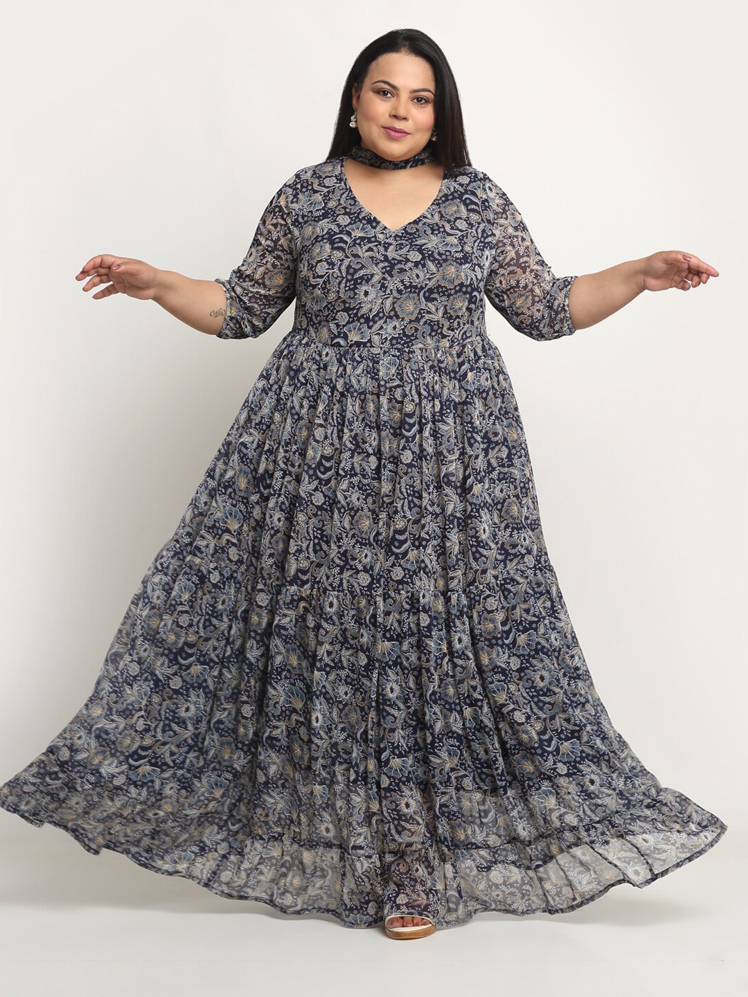 

sindrellastorie Plus Size Floral Printed Georgette Fit & Flare Midi Dress, Blue