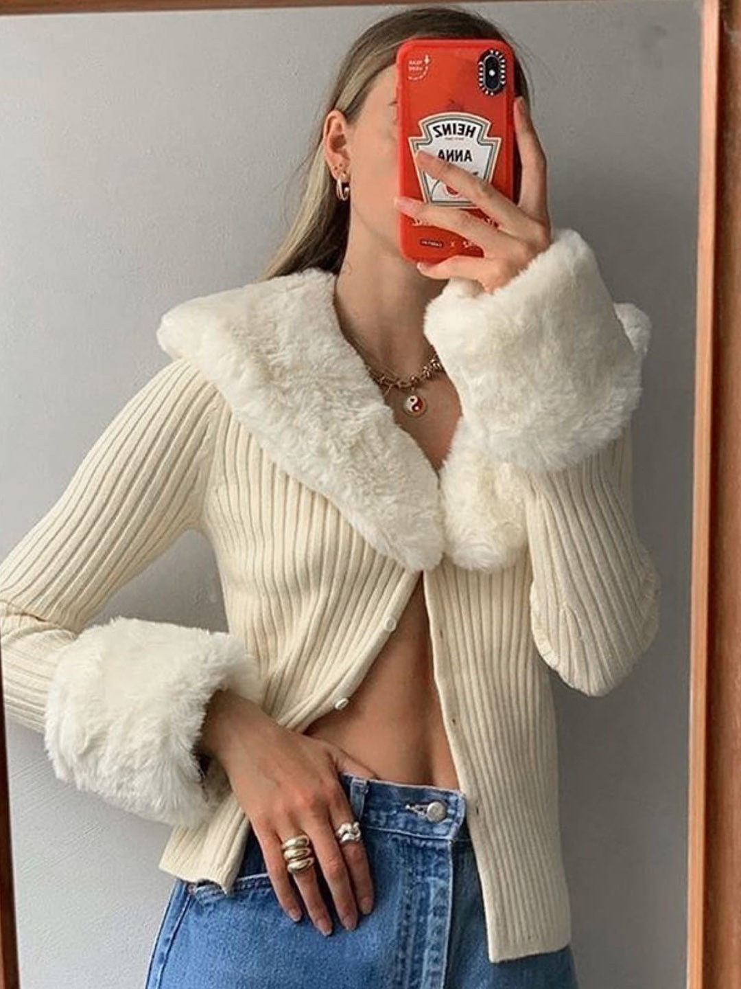 

Stylecast X KPOP Cream Coloured Self Designed Lapel Collar Front Open Sweater