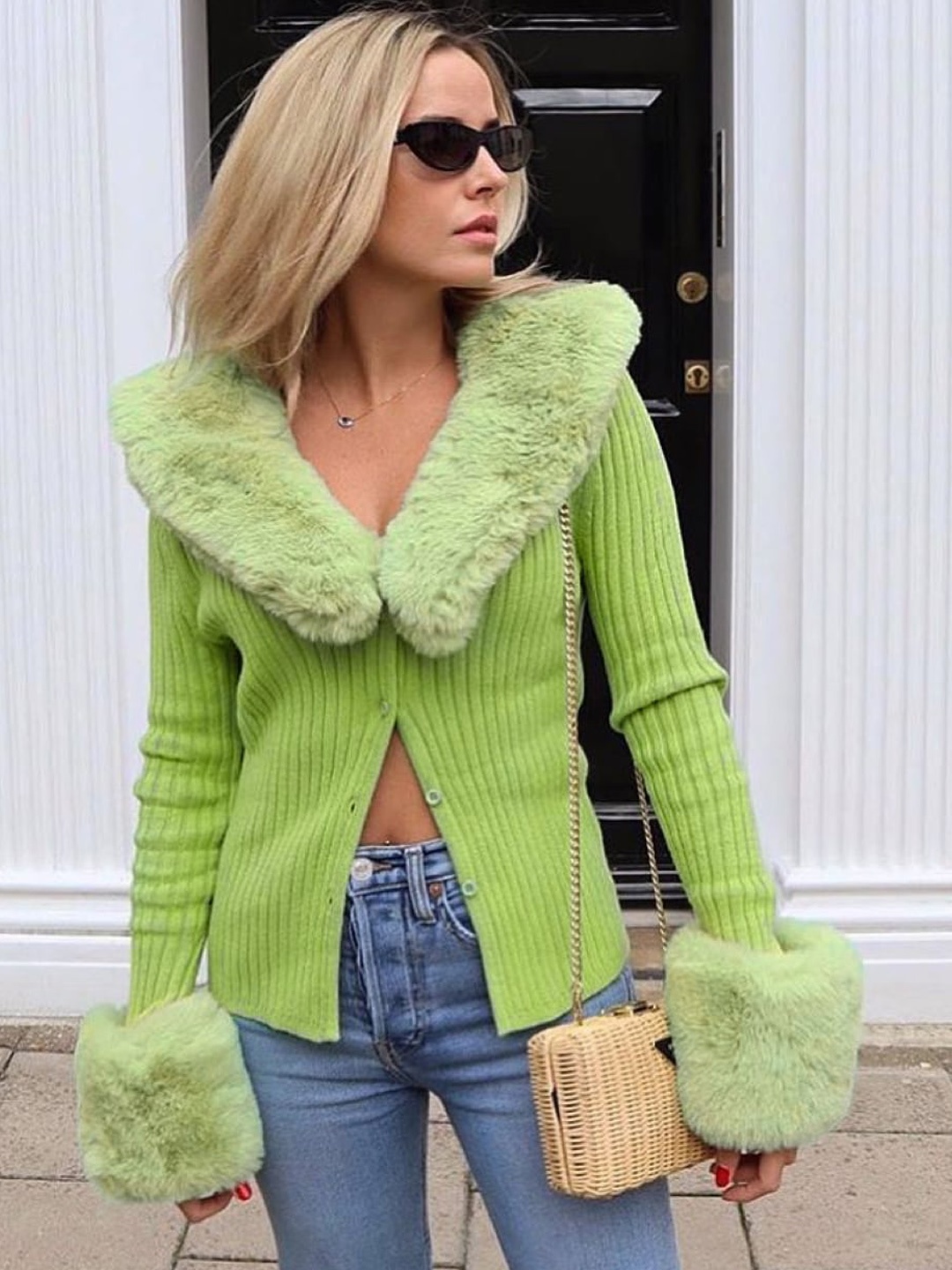

Stylecast X KPOP Green Self Designed Lapel Collar Front Open Sweater