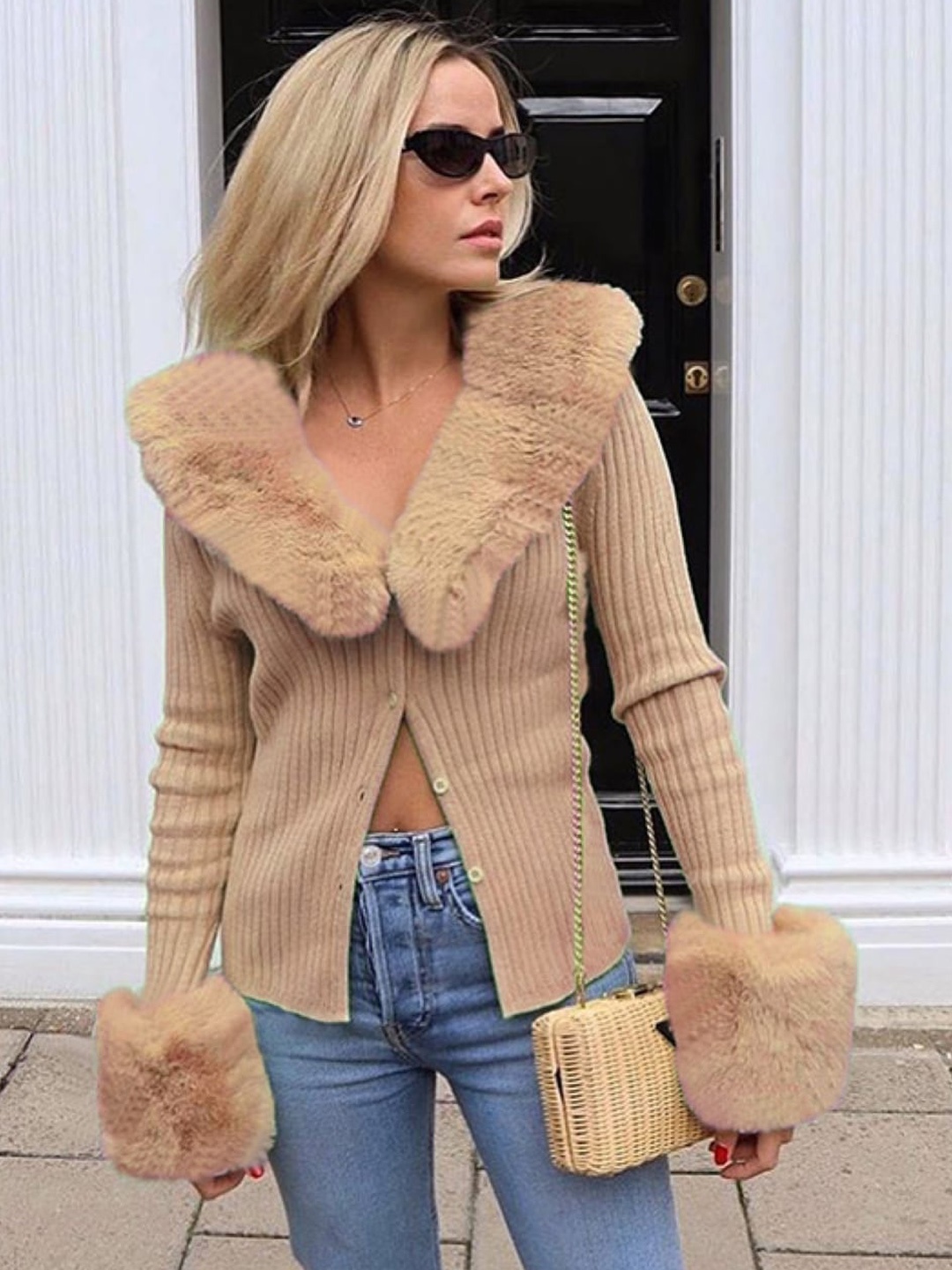 

Stylecast X KPOP Brown Self Designed Lapel Collar Front Open Sweater