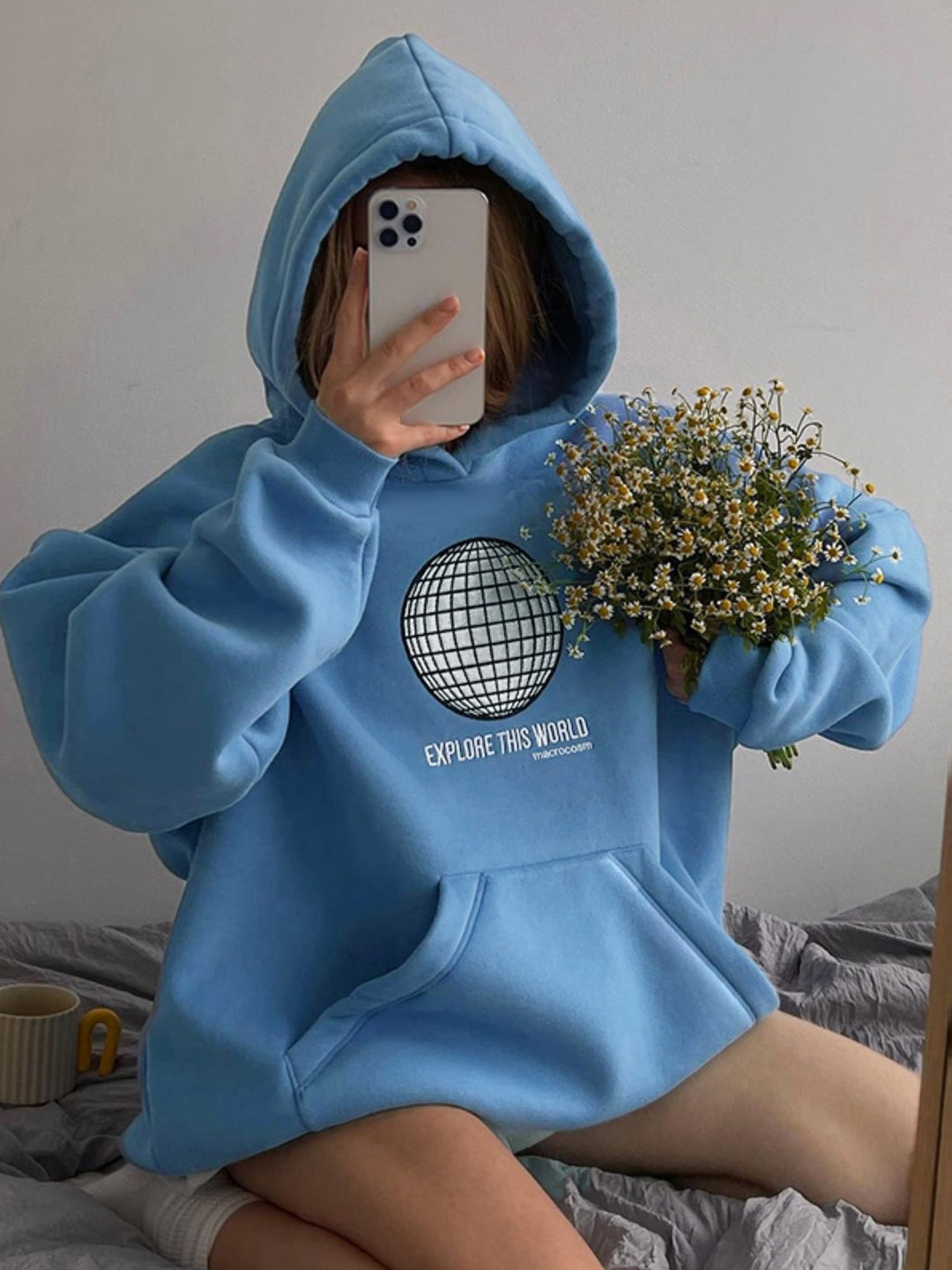 

Stylecast X KPOP Graphic Printed Hooded Sweatshirt, Blue