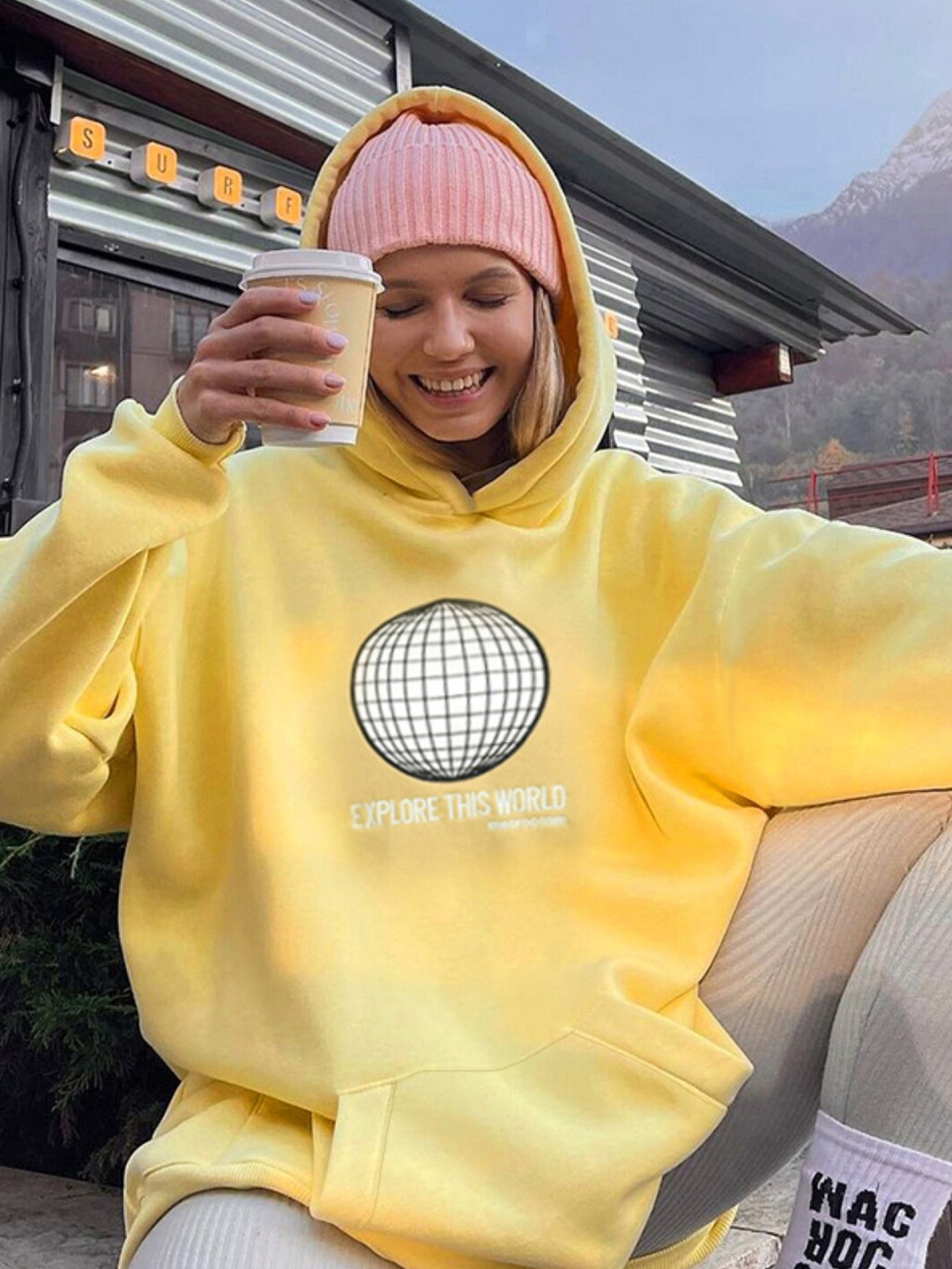 

Stylecast X KPOP Graphic Printed Hooded Sweatshirt, Yellow
