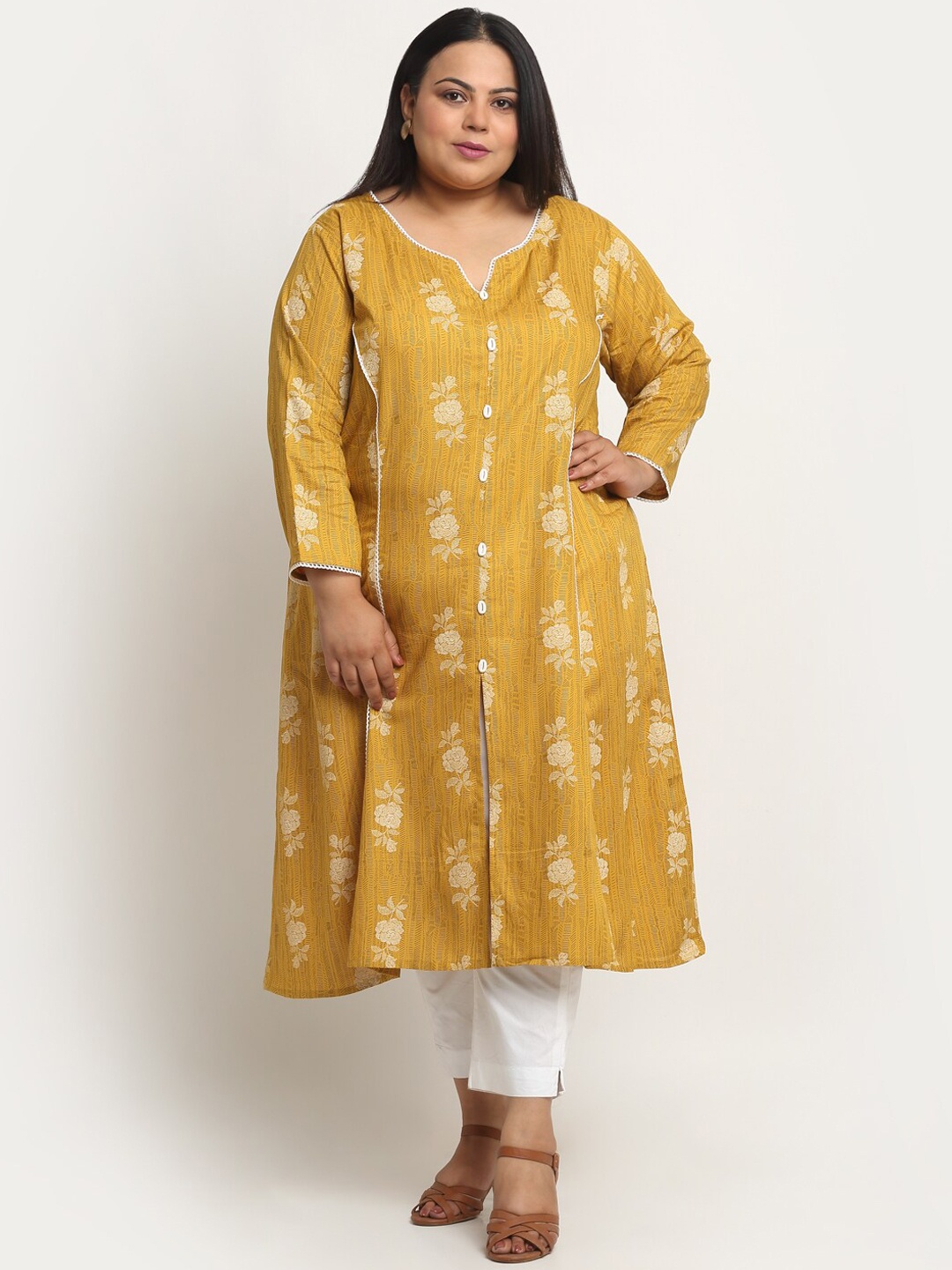 

sindrellastorie Plus Size Floral Printed Notch Neck A Line Kurta, Mustard