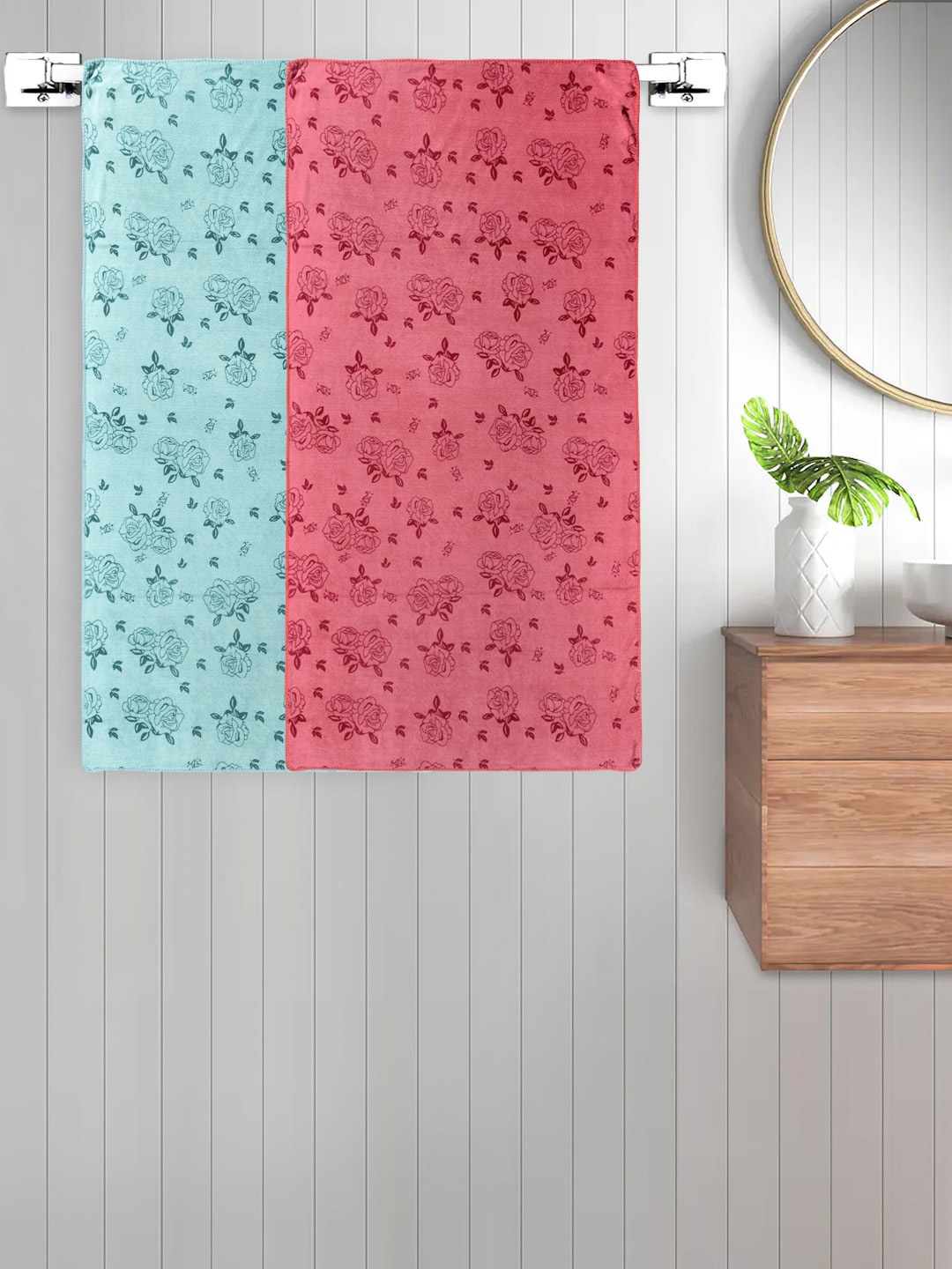 

FABINALIV Blue & Red 2 Pieces Floral Printed Cotton 300 GSM Kids Bath Towels