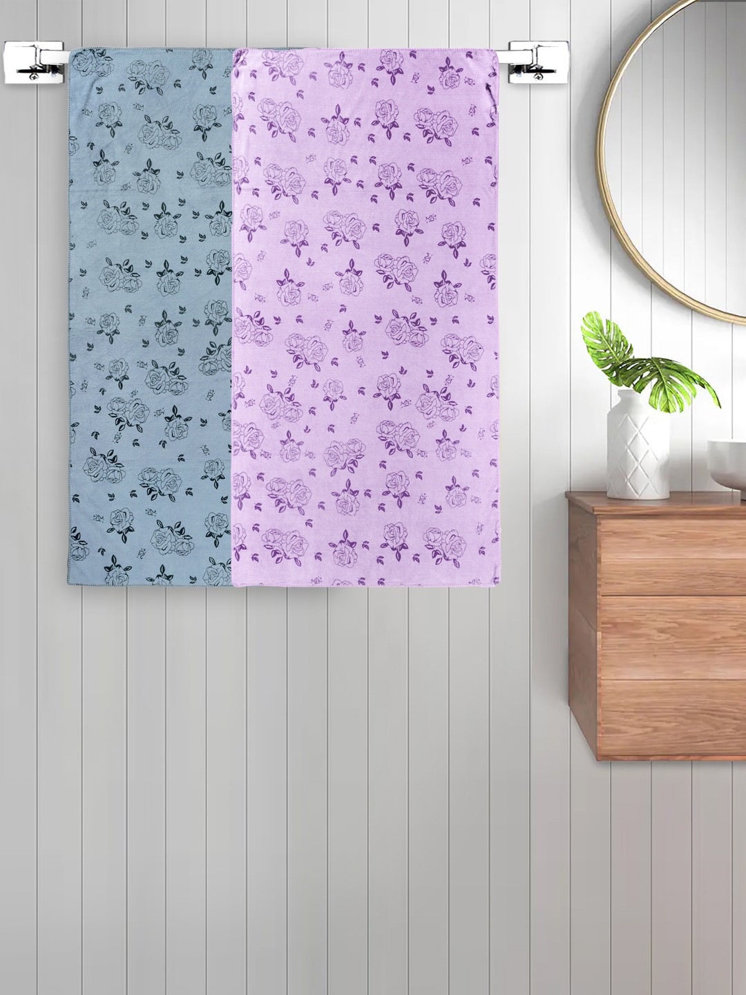 

FABINALIV Kids Purple & Green 2 Pieces Printed Cotton 300 GSM Bath Towel
