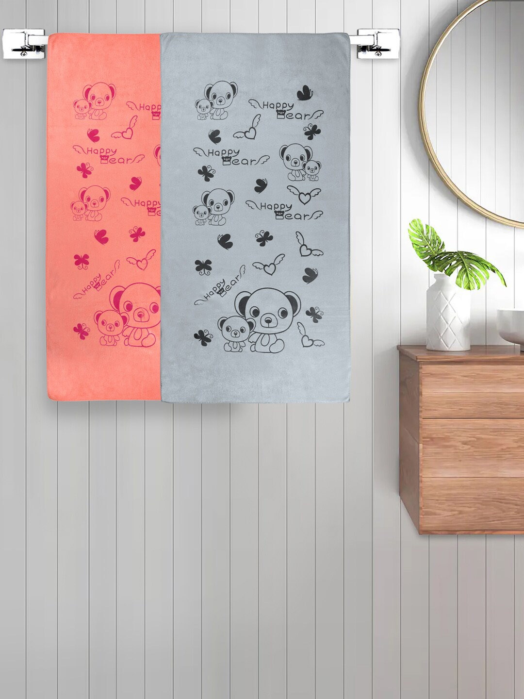 FABINALIV Kids Grey & Orange 2 Pieces Printed Cotton 300 GSM Bath Towel