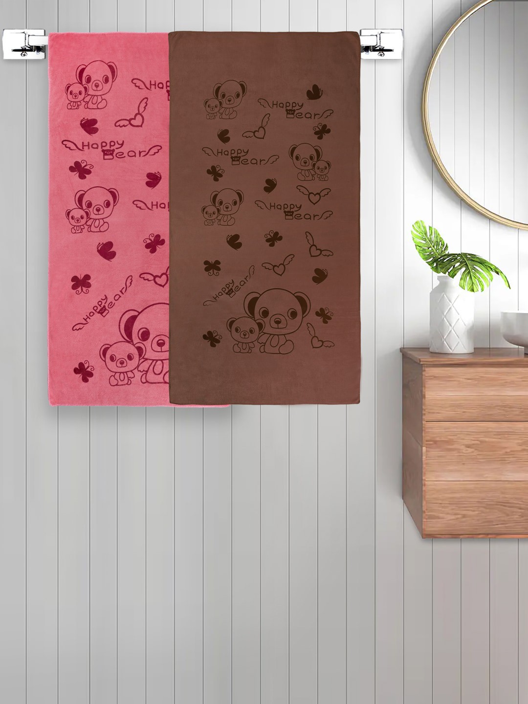 

FABINALIV Kids Pink & Brown 2 Pieces Printed Cotton 300 GSM Bath Towel