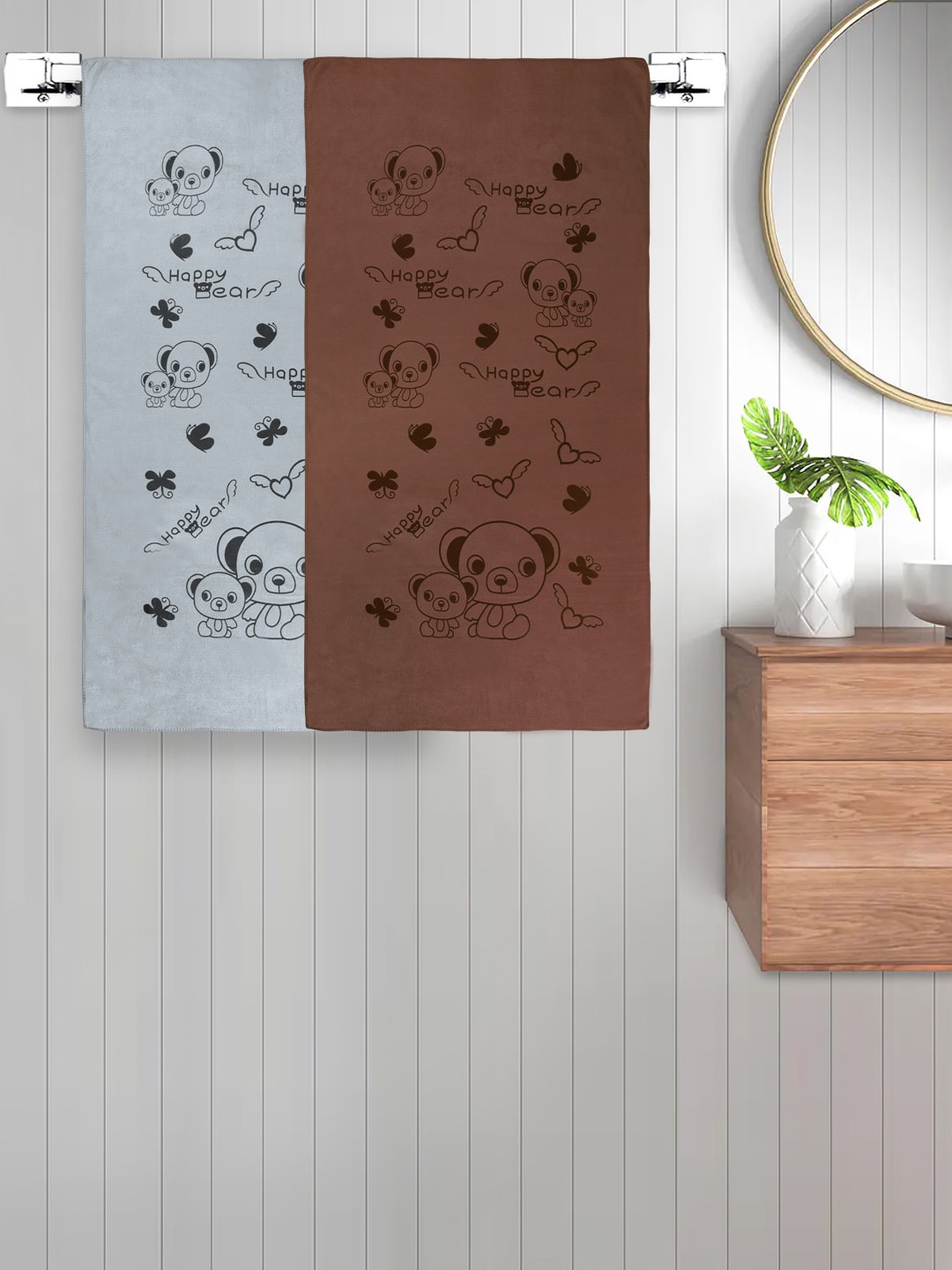 FABINALIV Grey & Brown 2 Pieces Printed 300 GSM Cotton Bath Towels