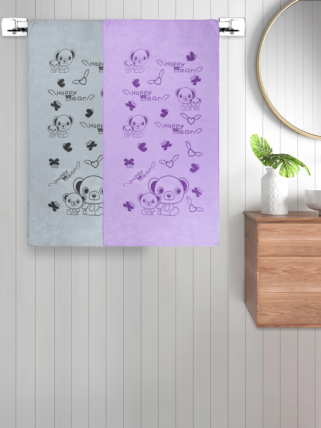 FABINALIV Grey & Purple 2 Printed Cotton 300 GSM Bath Towel