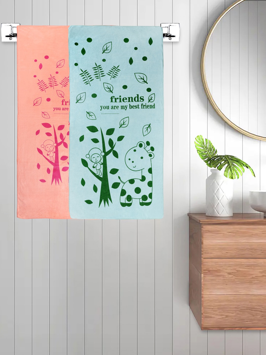 

FABINALIV Pink & Green 2 Pieces Printed Cotton 300 GSM Bath Towel