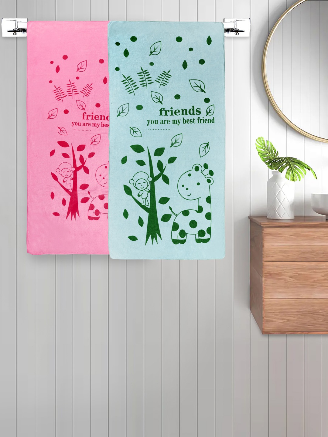 

FABINALIV Pink & Green 2 Pieces Printed Cotton 300 GSM Bath Towel