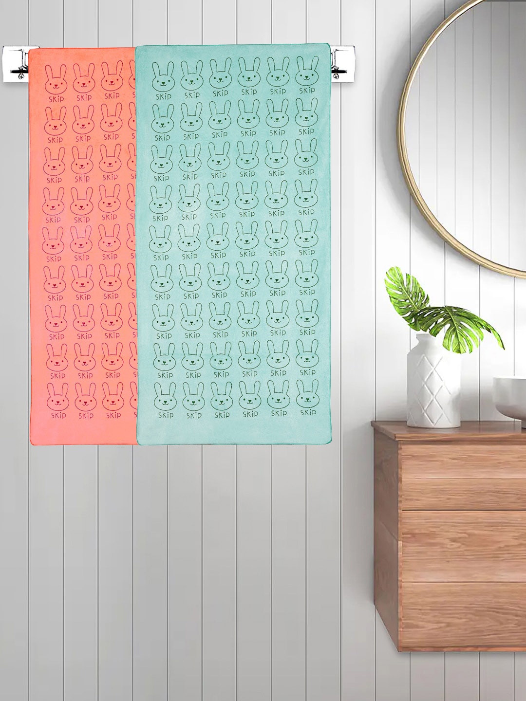 FABINALIV Blue & Orange 2 Pieces Printed Cotton 300 GSM Bath Towel