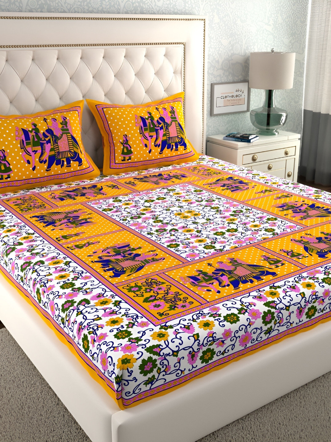 

CLOTHOLOGY Yellow & White Ethnic Motifs 104 TC Cotton Queen Bedsheet with 2 Pillow Covers