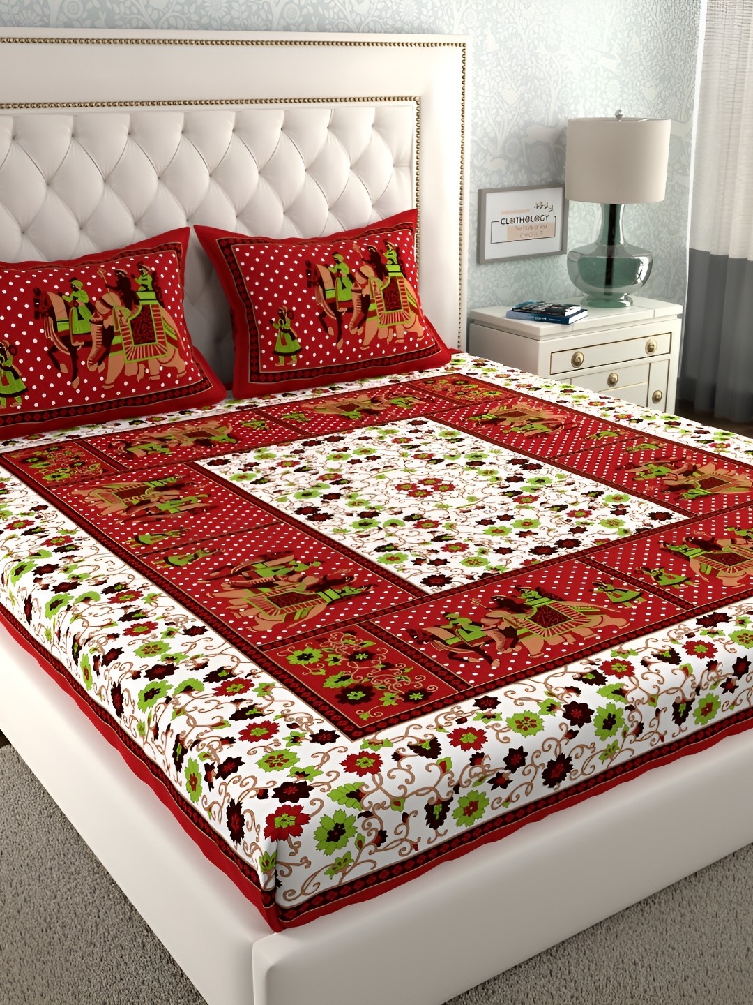 

CLOTHOLOGY Red & White Ethnic Motifs 104 TC Cotton Queen Bedsheet with 2 Pillow Covers